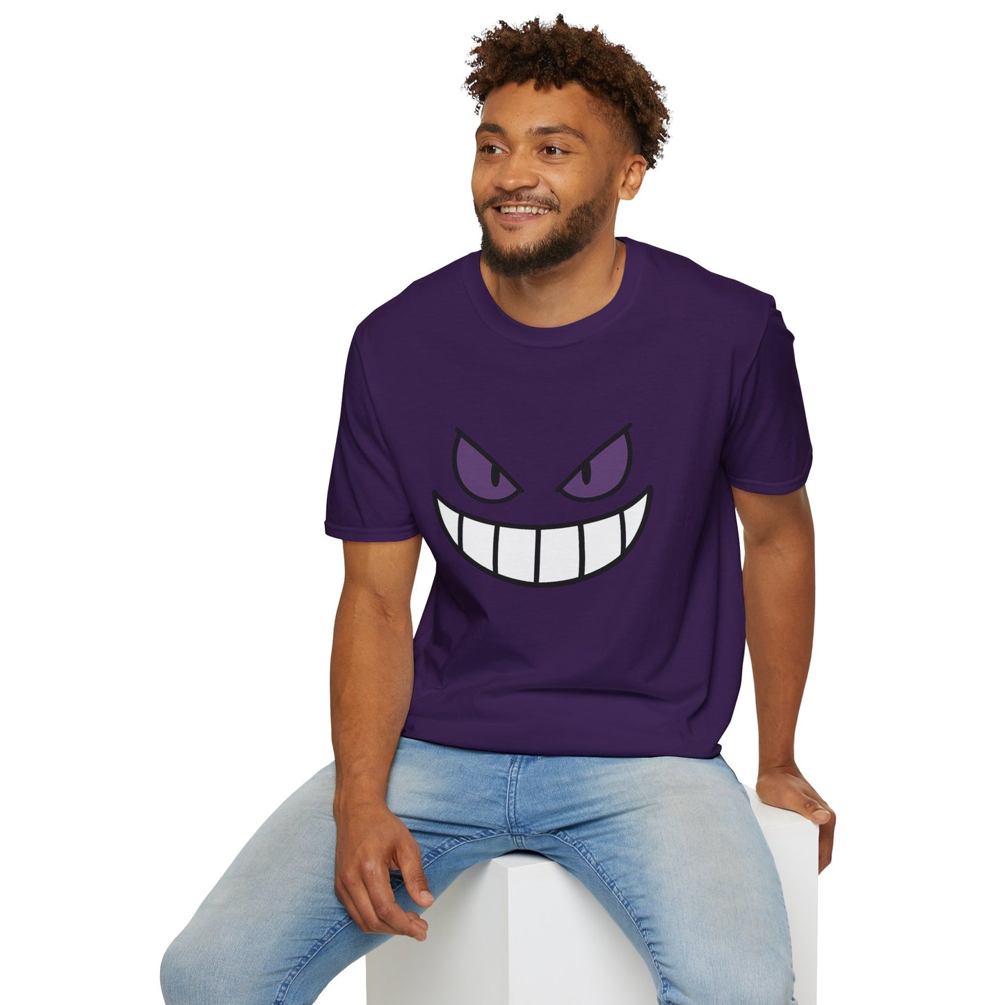 Mischievous Shadow Face Tee - Purple Eyes and Big Grin Graphic Shirt | Spooky Cute Gift, Retro Gaming Vibe, Funny Halloween Unisex Top