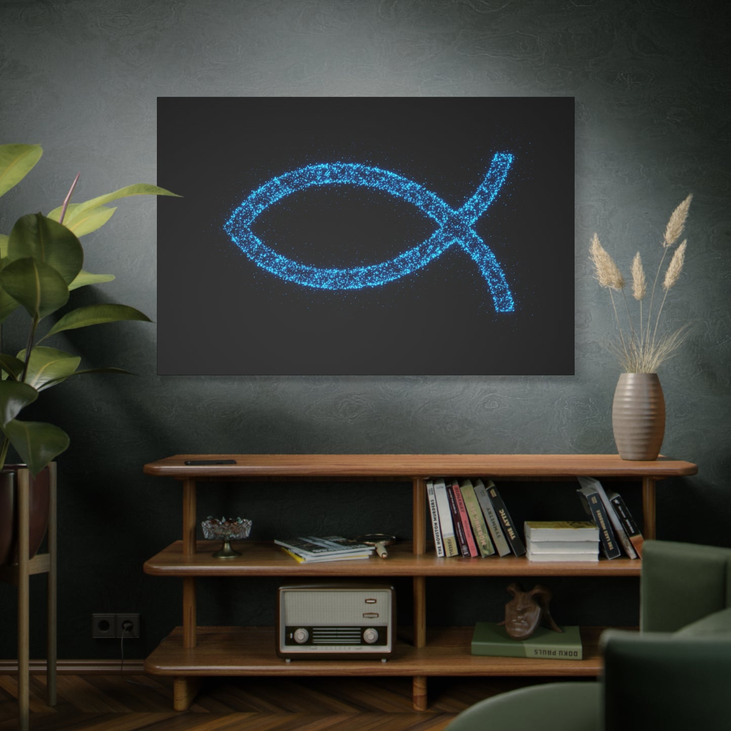 Blue Glitter Fish Symbol Matte Canvas Wall Art