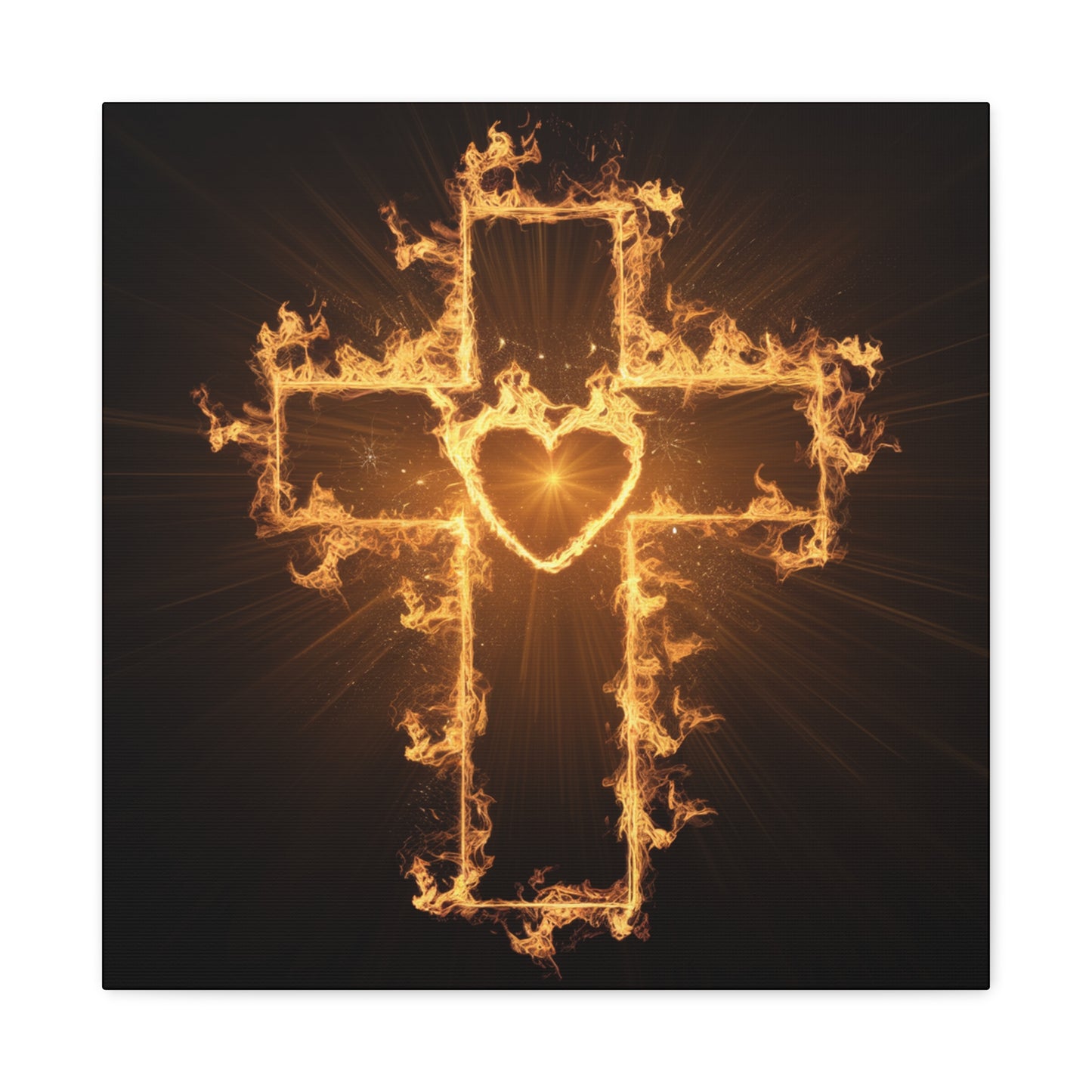 Flaming Heart and Cross Christian Wall Art Canvas