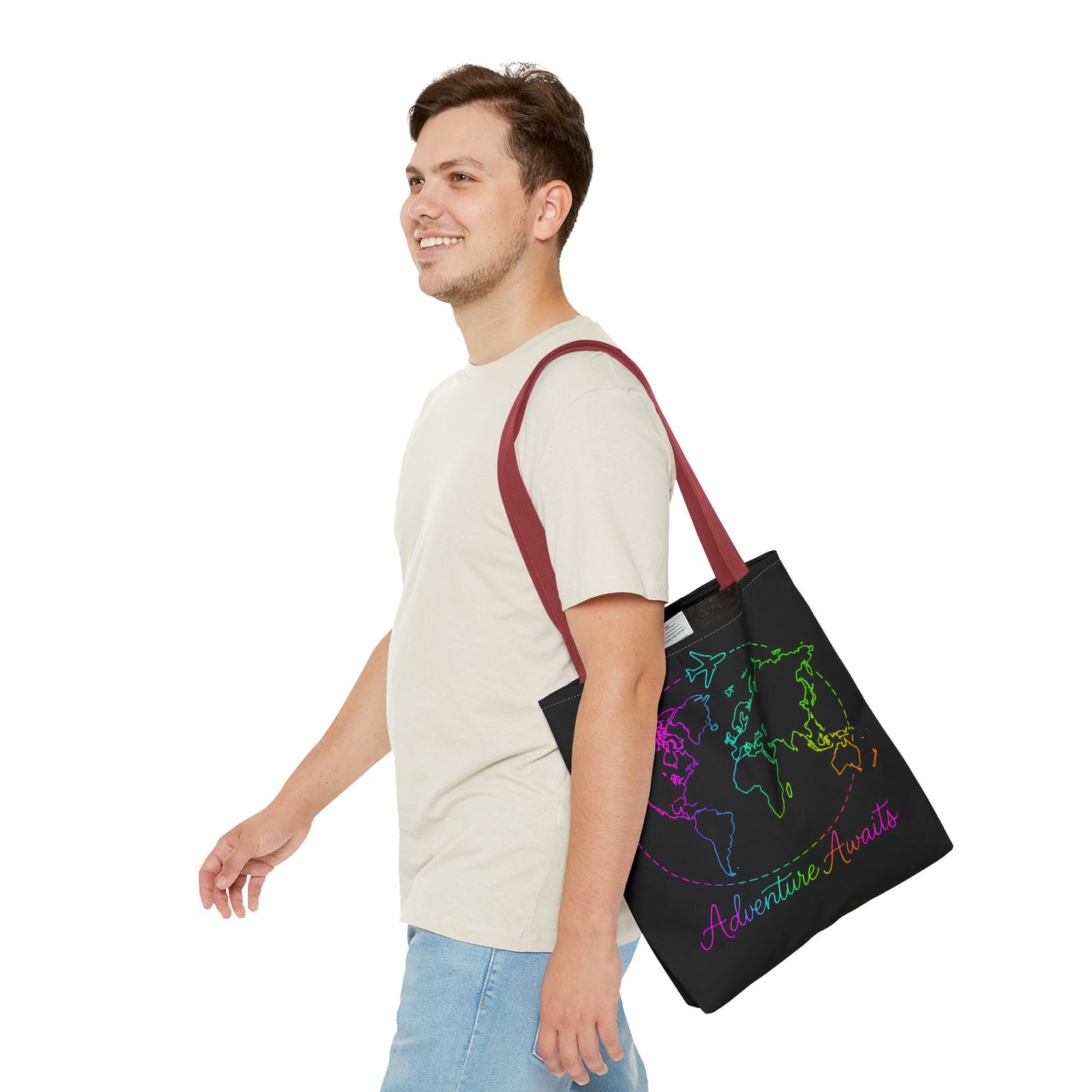 Adventure Awaits Neon Tote Bag - Y2K Rainbow World Map and Plane Travel Tote, Reusable Canvas Tote for Airport, Beach, Market + Gift