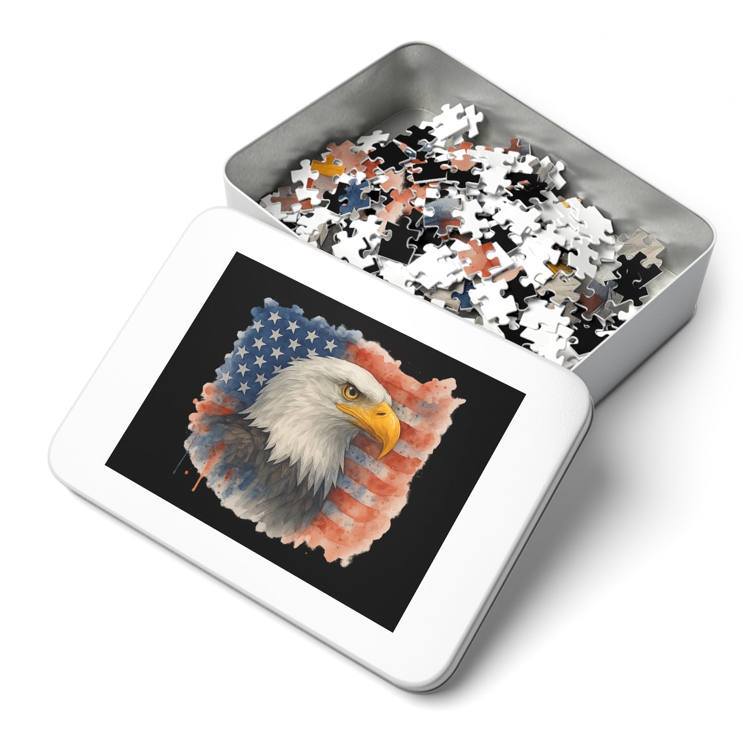 Eagle American Flag Jigsaw Puzzle with Tin Memorial Day Puzzle 4th of July Game Veteran's Day Jigsaw