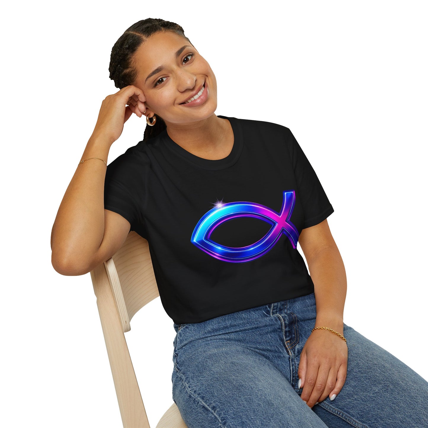 Neon Christian Fish T-Shirt, Modern Faith Tee, Ichthys Jesus Shirt, Spiritual Gift For Men And Women, Glow Cross Symbol Graphic Tee