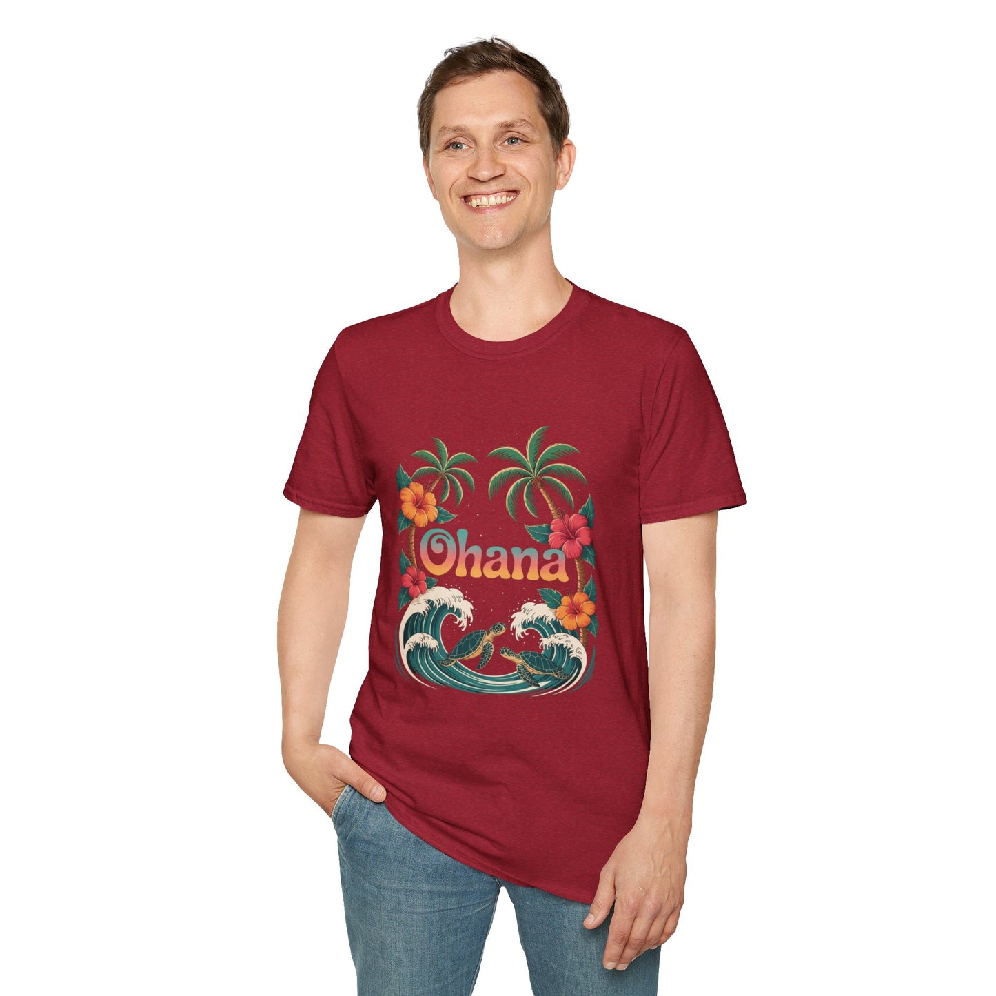 Ohana Shirt - Retro Hawaiian Sea Turtle & Palm Tree Graphic Tee - Tropical Beach Family Gift, Summer Vacation Aesthetic T-Shirt