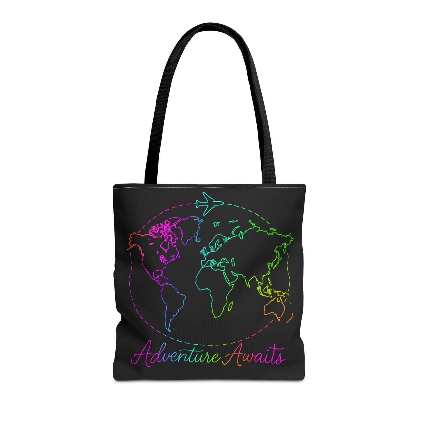 Adventure Awaits Neon Tote Bag - Y2K Rainbow World Map and Plane Travel Tote, Reusable Canvas Tote for Airport, Beach, Market + Gift