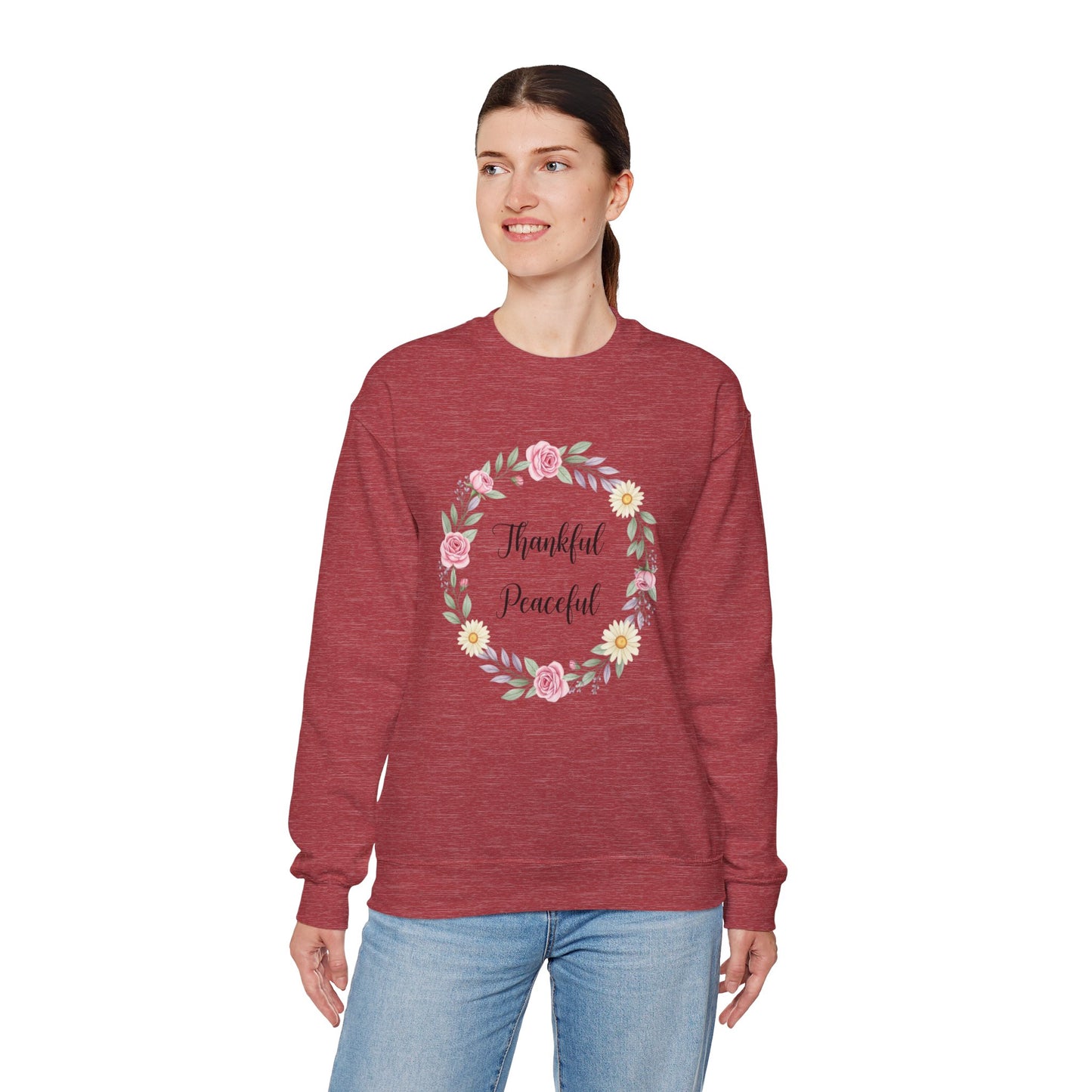 Thankful Peaceful Sweatshirt, Floral Wreath Crewneck, Inspirational Quote Sweater, Positive Message Pullover, Uplifting Gift For Women