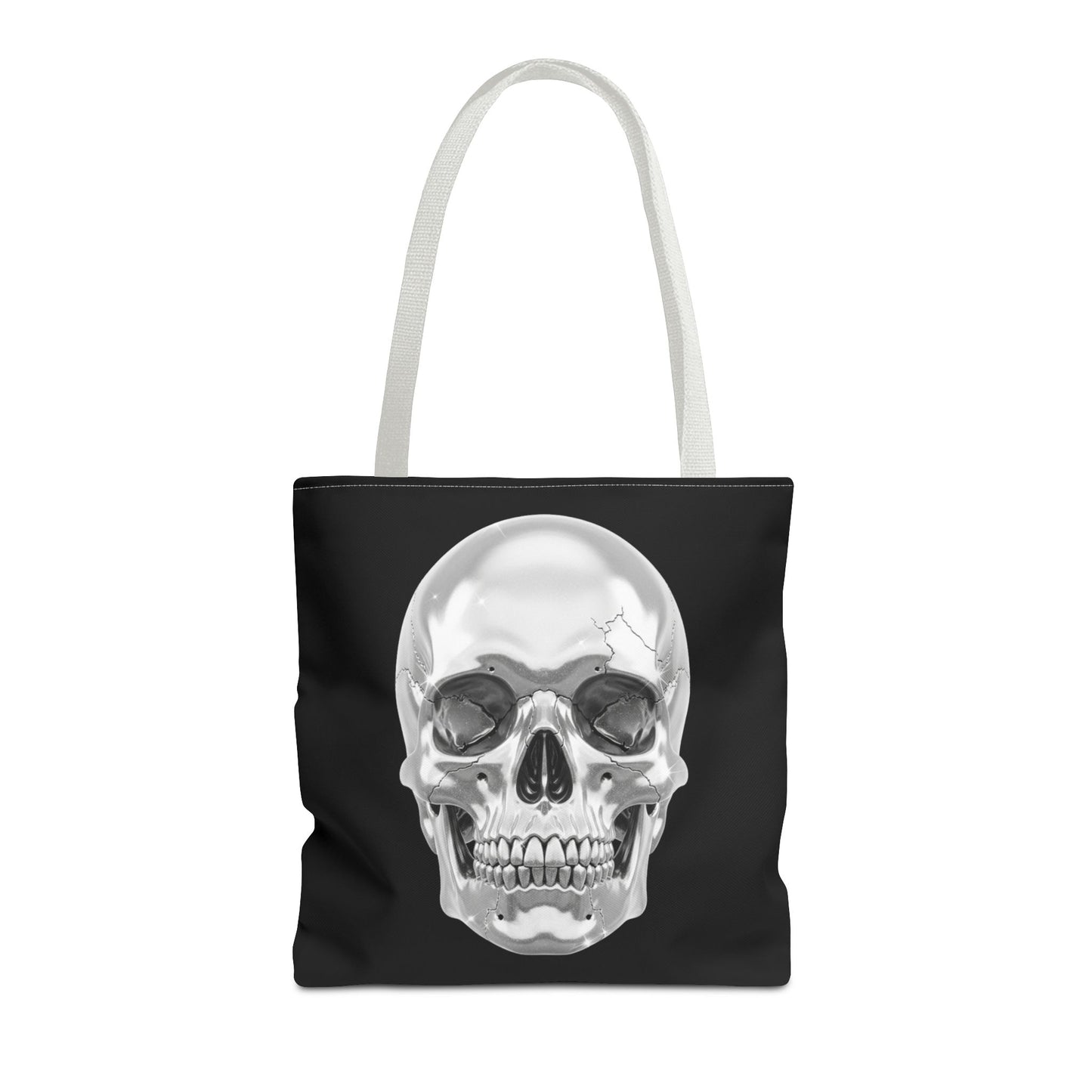 Chrome Skull Tote Bag, Gothic Halloween Canvas Tote, Metallic Skull Design Bag, Spooky Season Accessory, Skull Gift Tote For Horror Fans