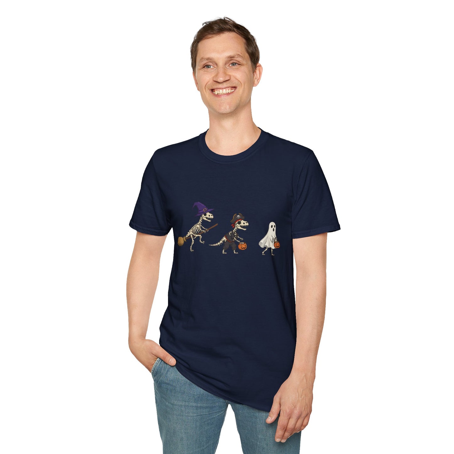 Halloween Dinosaur Skeleton Shirt - Trick-or-Treat Dino Tee, Funny T-Rex Ghost and Witch Costume Shirt, Spooky Cute Skeleton Tee, Unisex