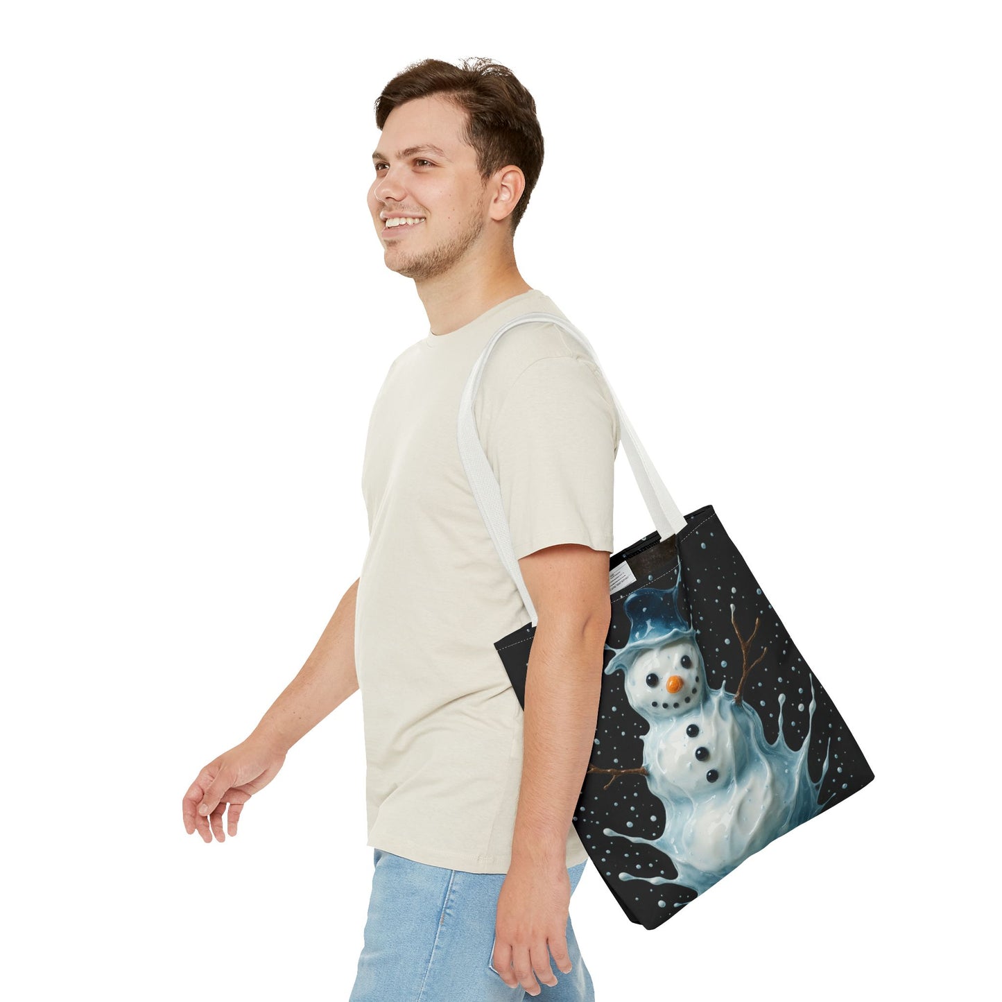 Winter Snowman Tote Bag, Festive Christmas Gift Bag, Holiday Shopping Tote, Snowy Season Accessory, Reusable Winter Art Bag For Everyday Use