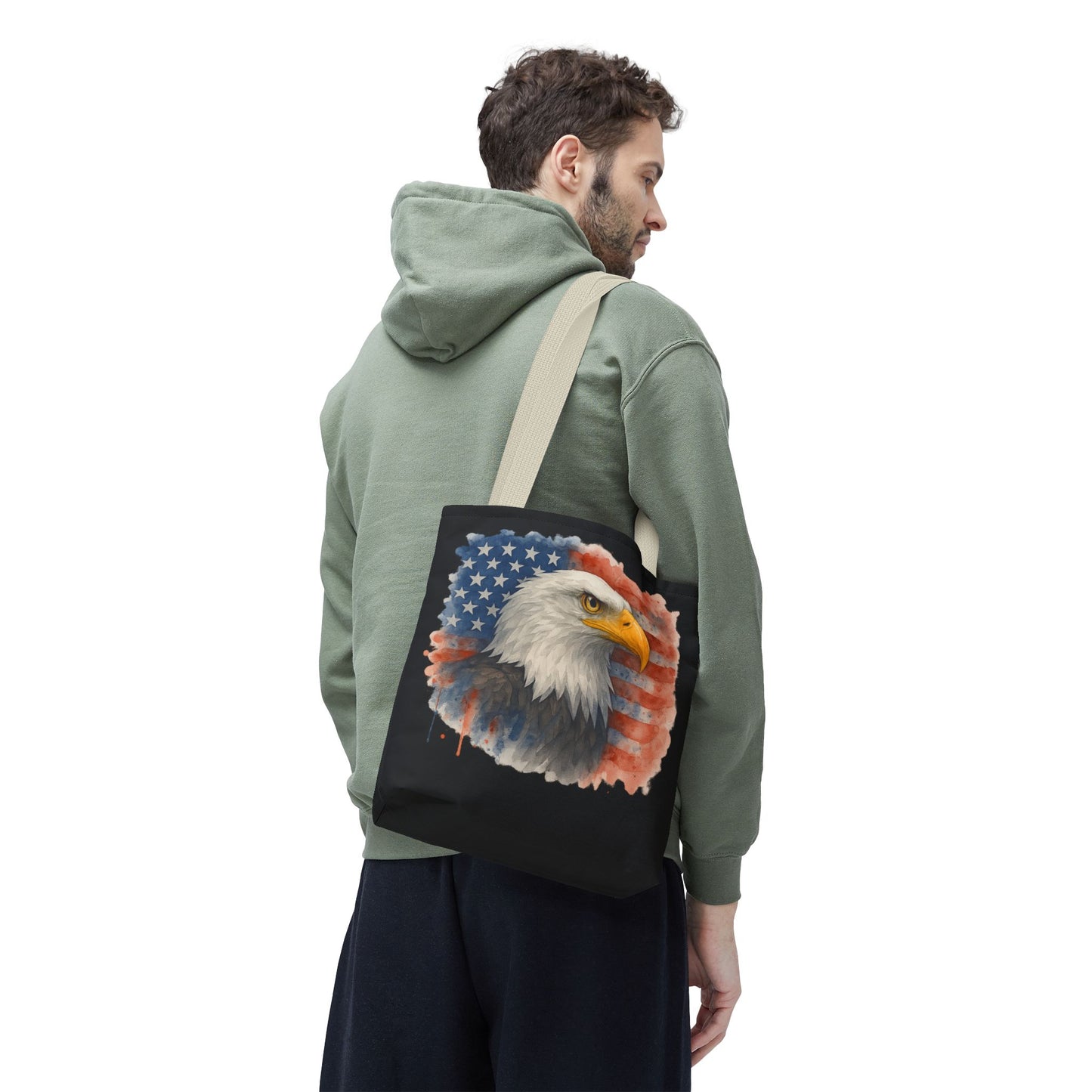 Patriotic Tote Bag with American Flag and Bald Eagle Watercolor Print 4th of July Bag Memorial Day Tote Veteran's Day Tote Bag