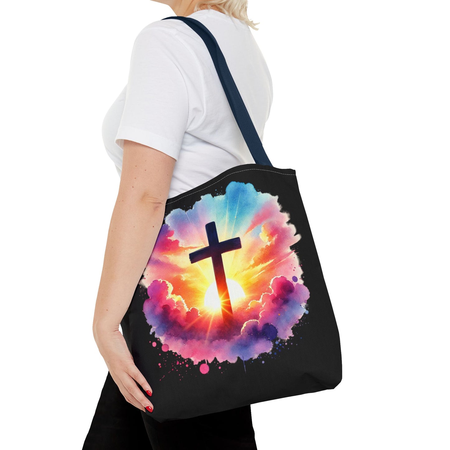 Inspirational Watercolor Sunrise Cross Tote Bag – Faith Art Canvas Tote, Christian Gift, Spiritual Aesthetic, Colorful Bible Verse Tote – Reusable Black Tote