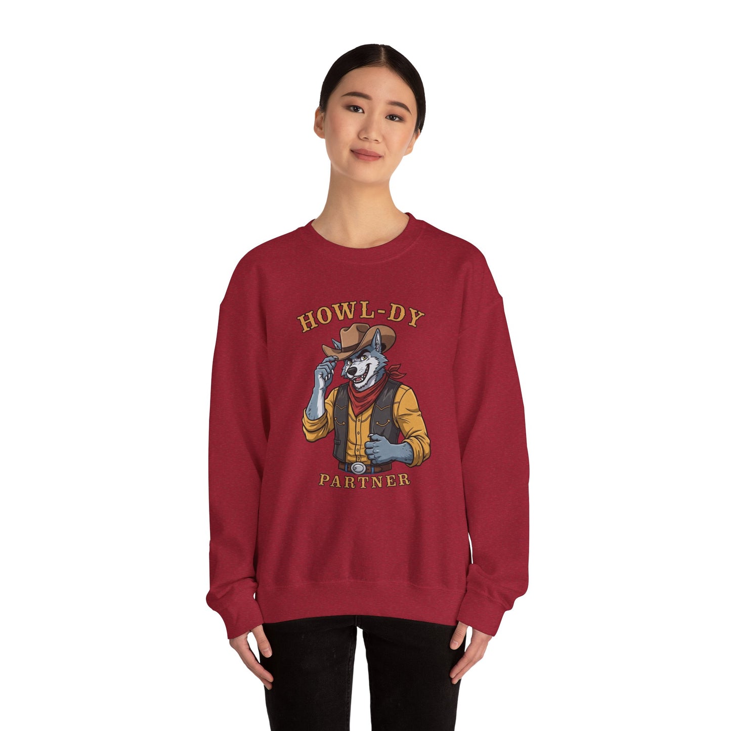 Howl-dy Partner Wolf Sweatshirt, Cowboy Werewolf Halloween Crewneck, Western Spooky Graphic Pullover for Animal Lover Gift Sweatshirt