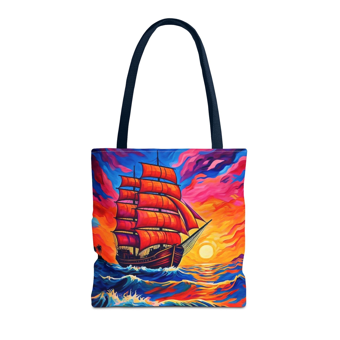 Crimson Voyage Tote Bag, Red Sailboat At Sunset Artistic Ocean Design, Nautical Reusable Tote For Beach, Travel, And Everyday Use