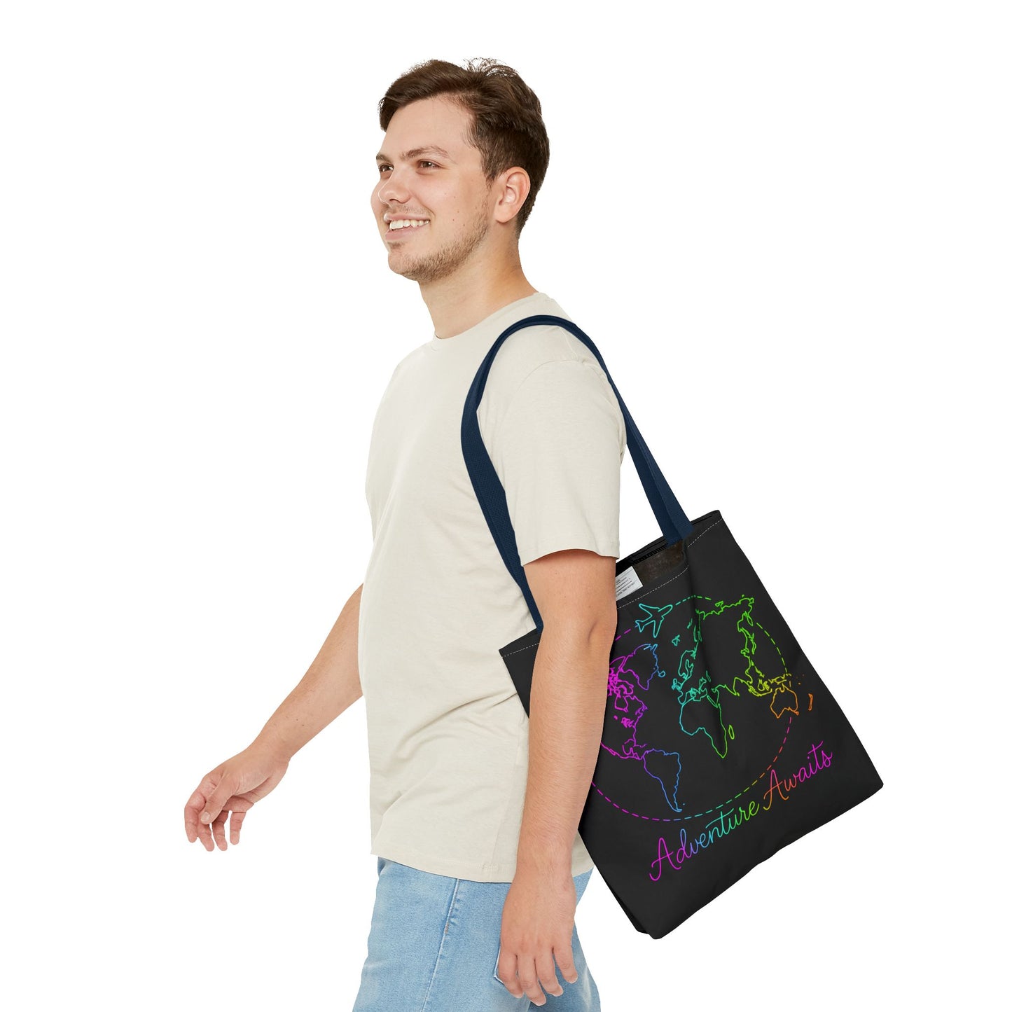 Adventure Awaits Neon Tote Bag - Y2K Rainbow World Map and Plane Travel Tote, Reusable Canvas Tote for Airport, Beach, Market + Gift
