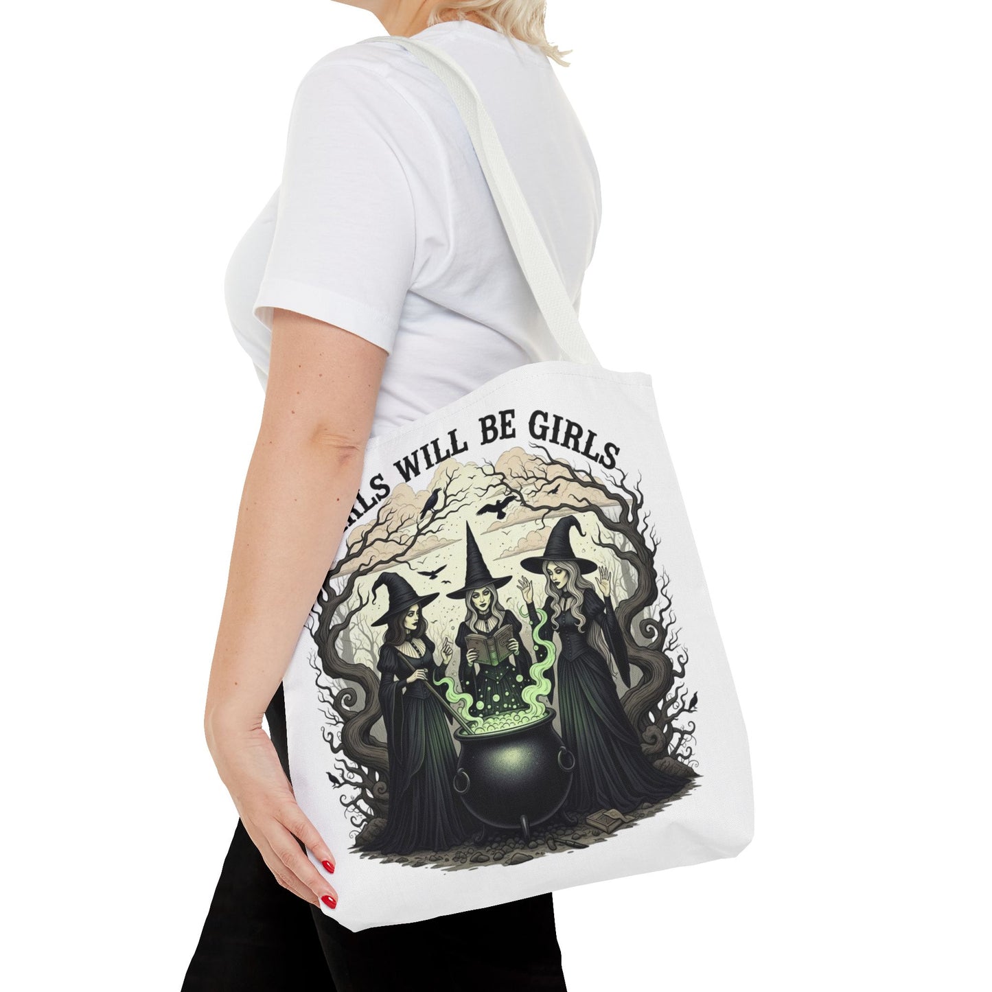 Girls Will Be Girls Halloween Tote Bag, Witchy Aesthetic Bag, Gothic Witches Cauldron Art, Spooky Gift, Reusable Eco Tote For Halloween Lovers