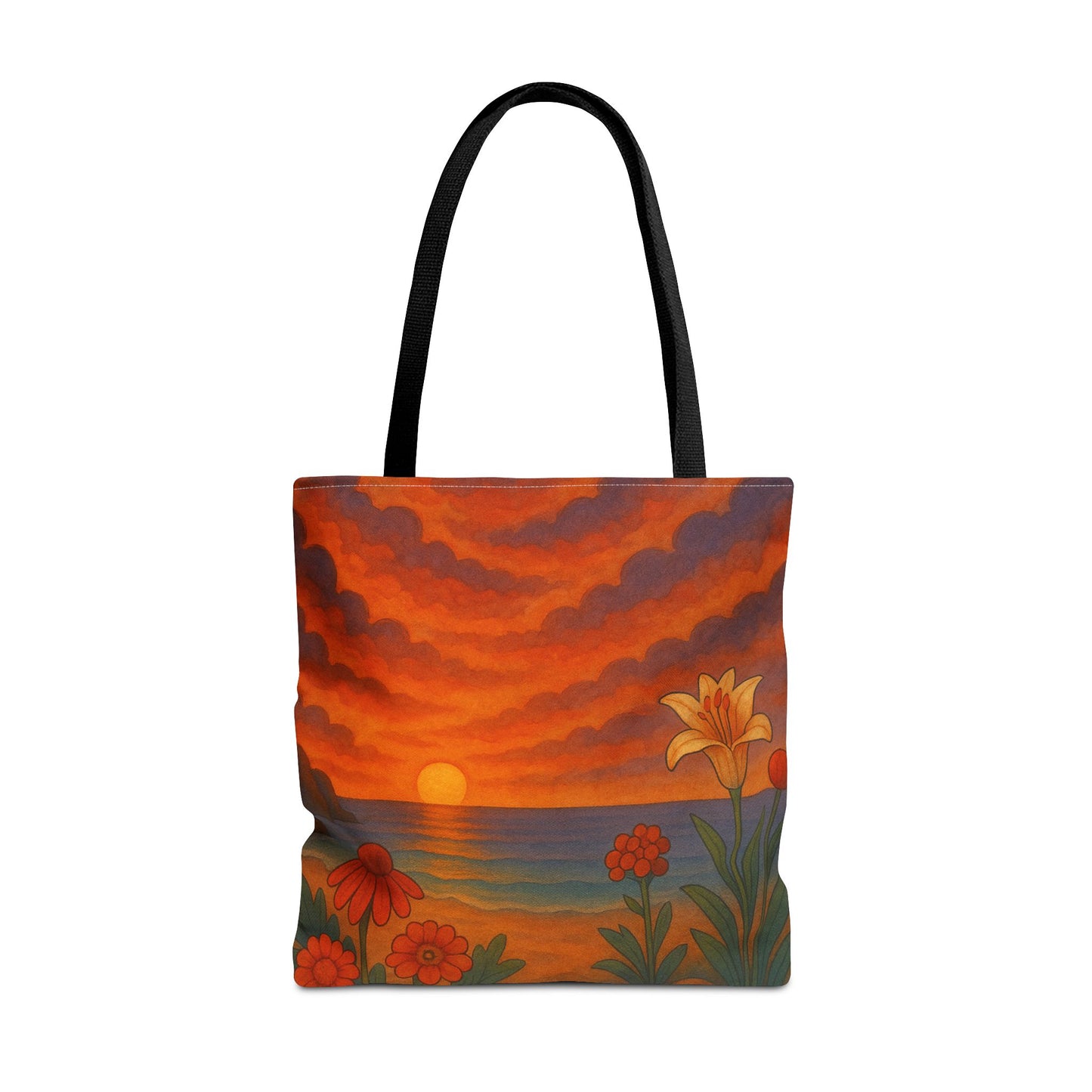 Retro Sunset Tote Bag with Wildflowers – Vibrant Floral Landscape Art, Nature-Inspired Reusable Bag, 70s Style Summer Accessory