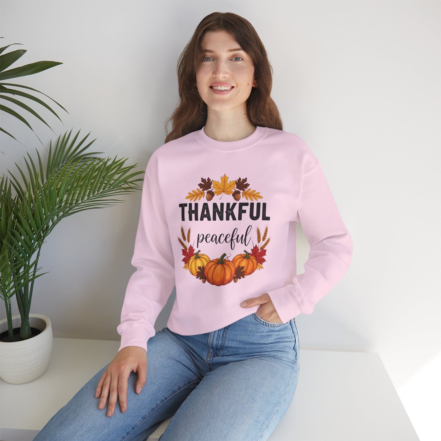 Thankful Peaceful Fall Sweatshirt, Autumn Pumpkin Crewneck, Thanksgiving Sweater, Cozy Seasonal Pullover, Gratitude Gift For Women Men