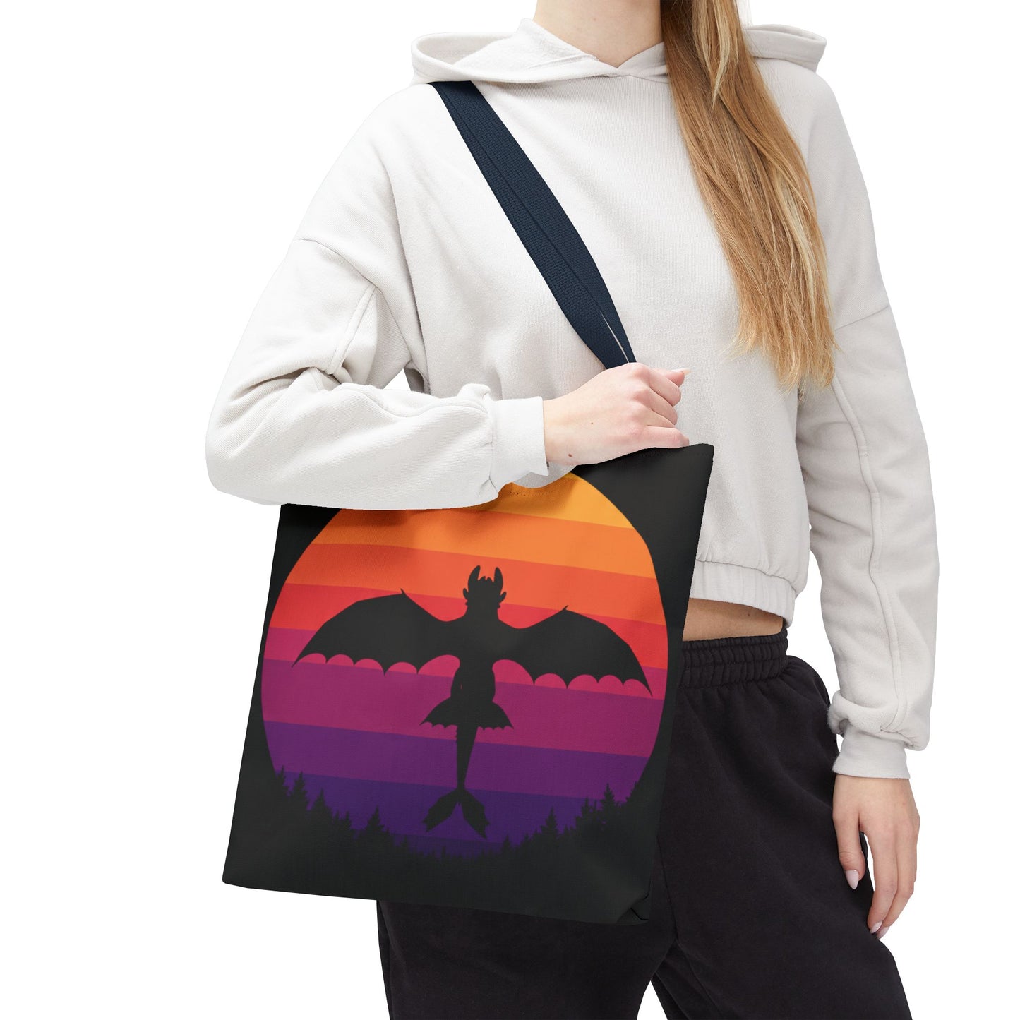 Sunset Dragon Flight Tote Bag, Reusable Eco-Friendly Shoulder Bag With Silhouette Design, Aesthetic Black Tote For Everyday Use And Gifts