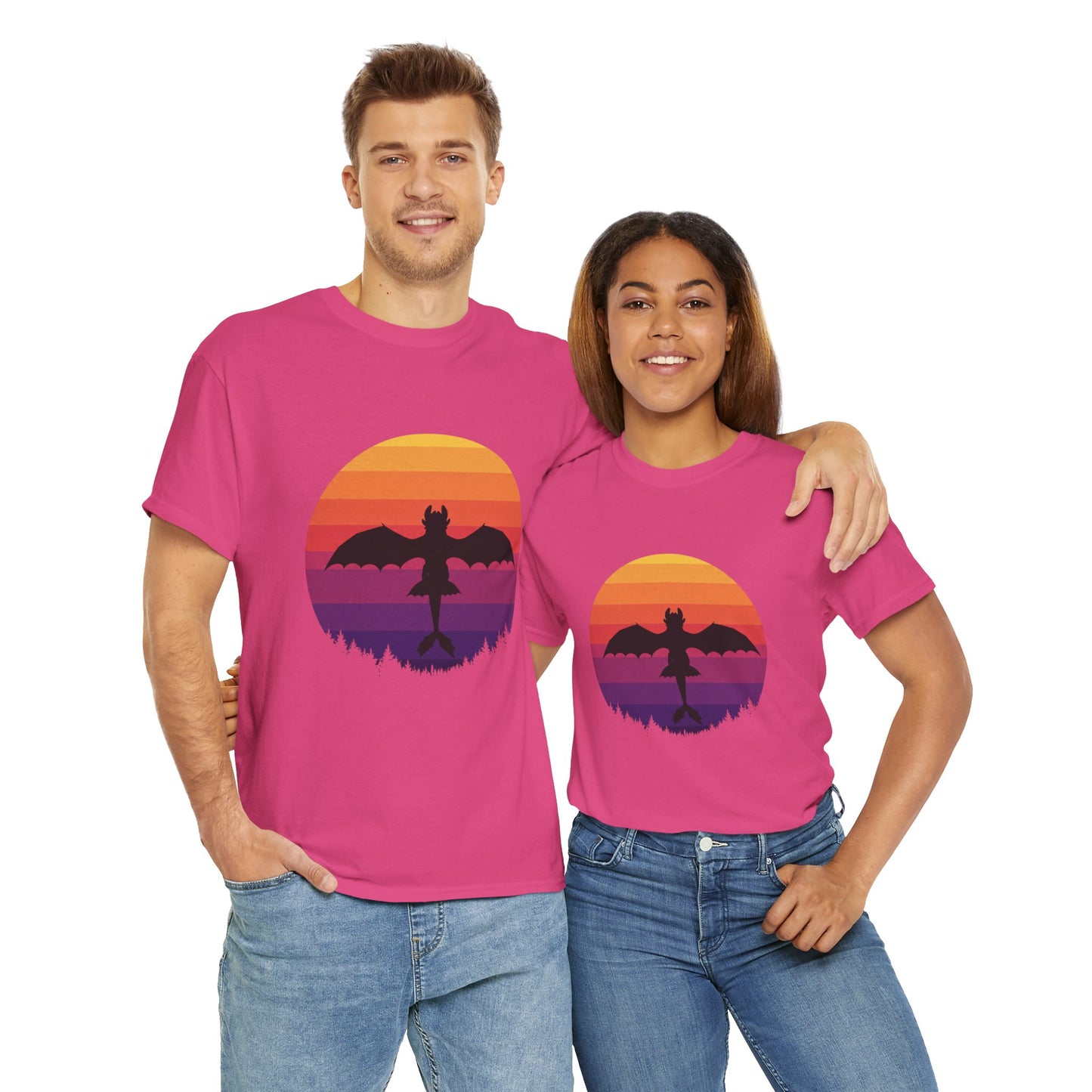 Night Dragon Sunset T-Shirt | Retro Dragon Silhouette Tee | Fantasy Dragon Shirt | Unisex Graphic Tee | Gift for Dragon Lovers