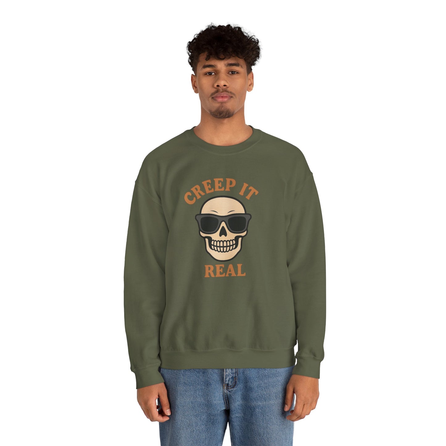 Creep It Real Skull Sweatshirt, Funny Halloween Skull Crewneck, Spooky Skeleton Pullover, Dark Graphic Sweatshirt, Unisex Halloween Gift
