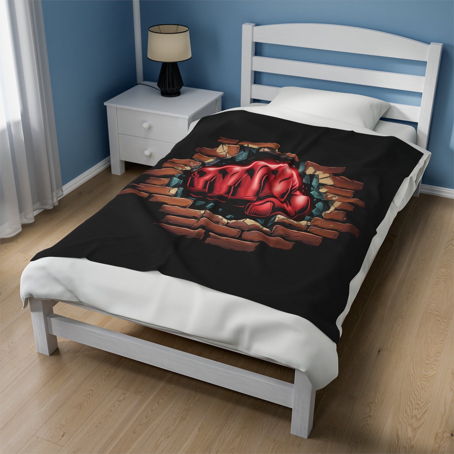 Plush Blanket - Red Fist Smashing Through Brick Wall Design