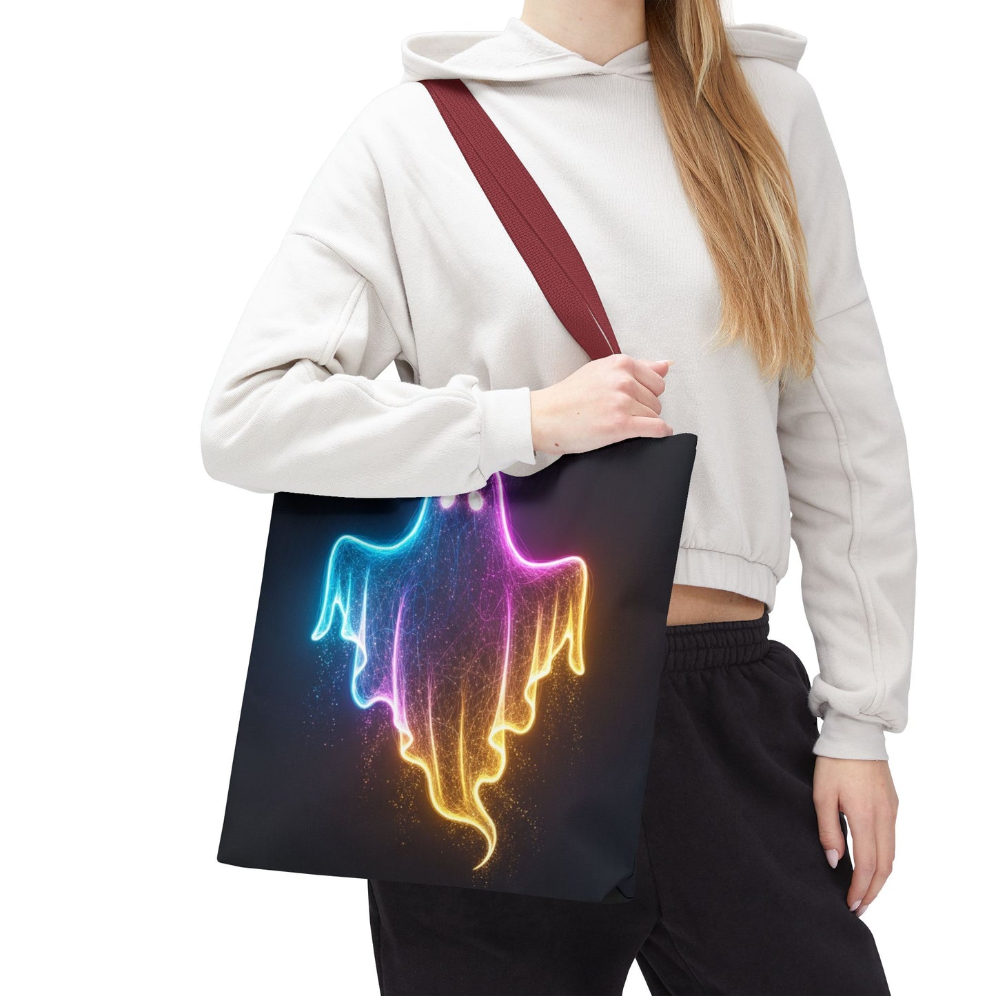 Neon Ghost Tote Bag - Bright Colorful Ghost Print Shoulder Tote, Spooky Cute Reusable Canvas Bag, Halloween Aesthetic Everyday Carry
