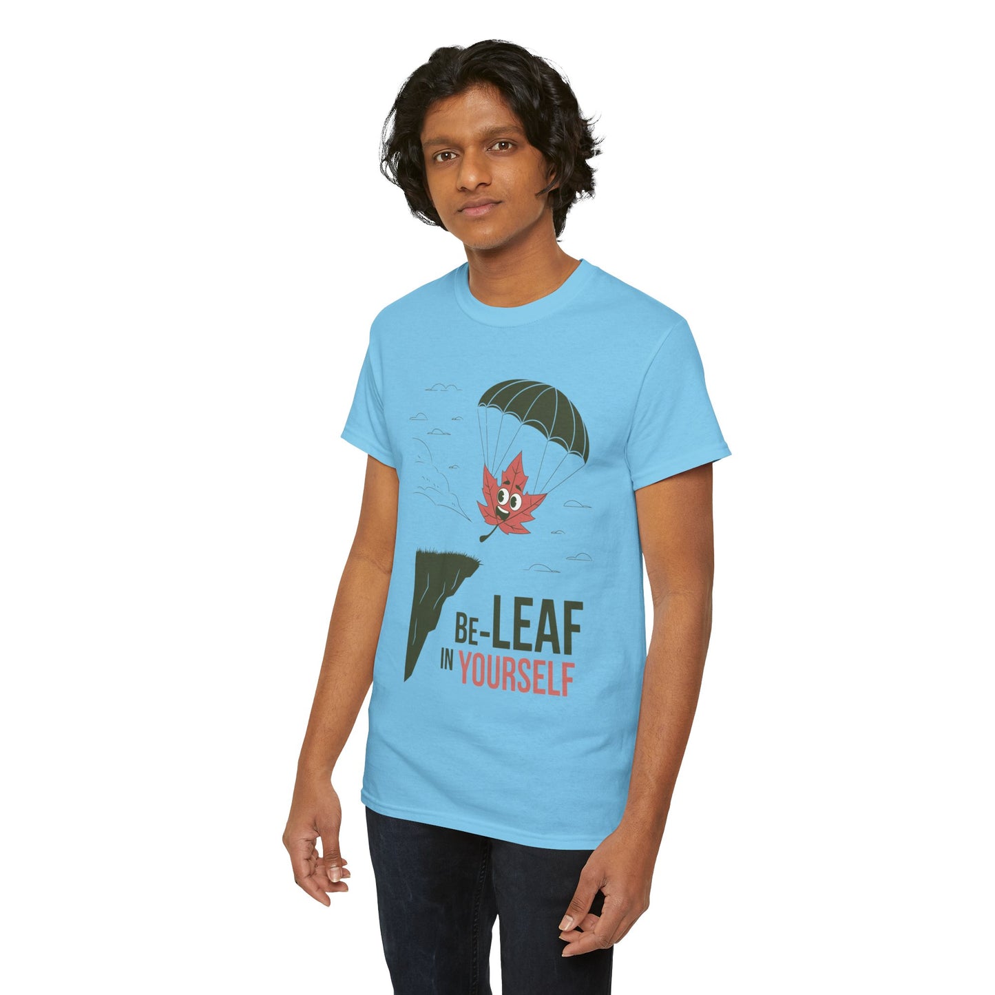 Be-Leaf In Yourself Maple Leaf Parachute T-Shirt | Funny Motivational Nature Graphic Tee | Self-Love Fall Autumn Shirt | Outdoorsy Gift