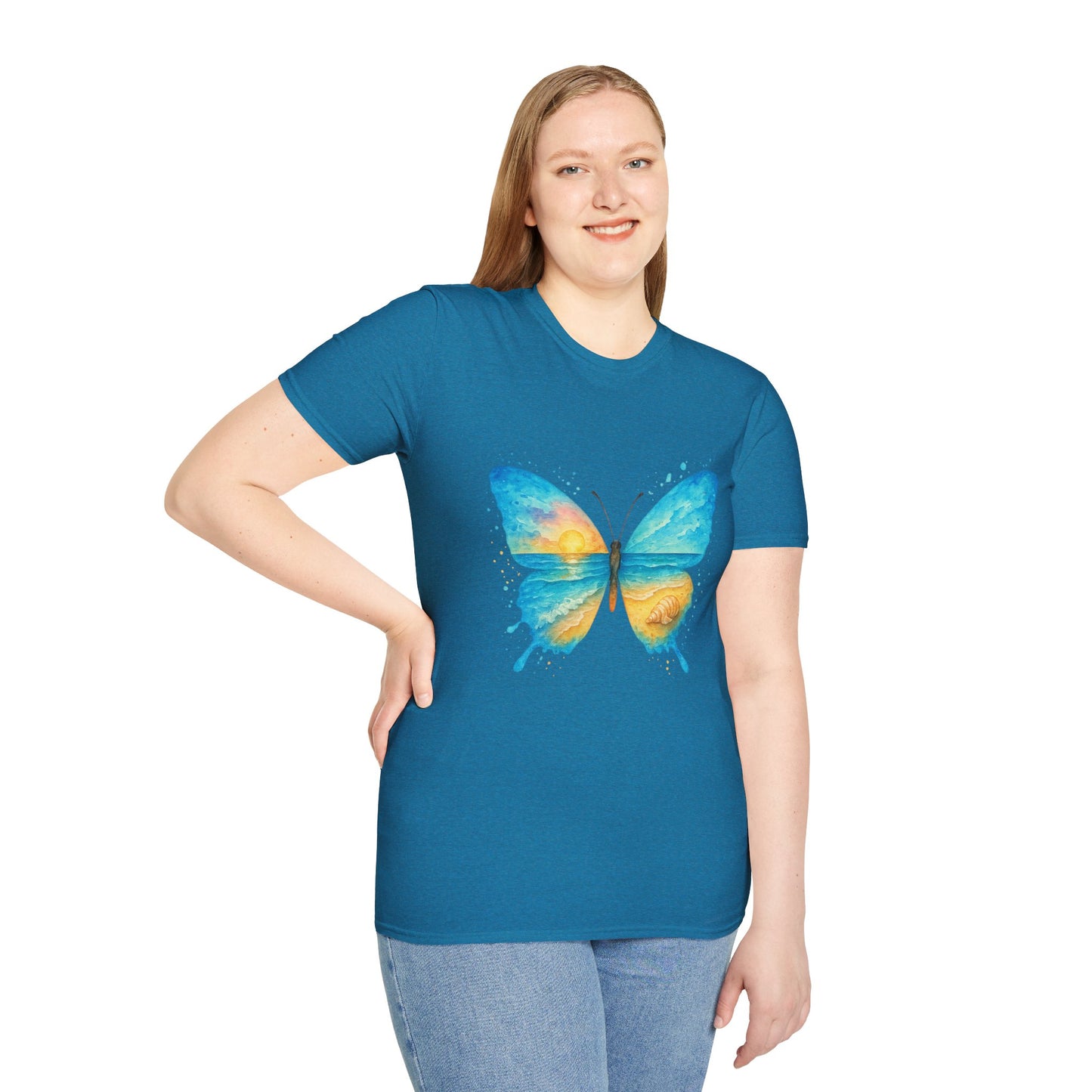 Butterfly Sunset Beach Tee - Scenic Butterfly Graphic Shirt, Nature Lover Gift, Boho Ocean Tee, Unisex Casual T-Shirt