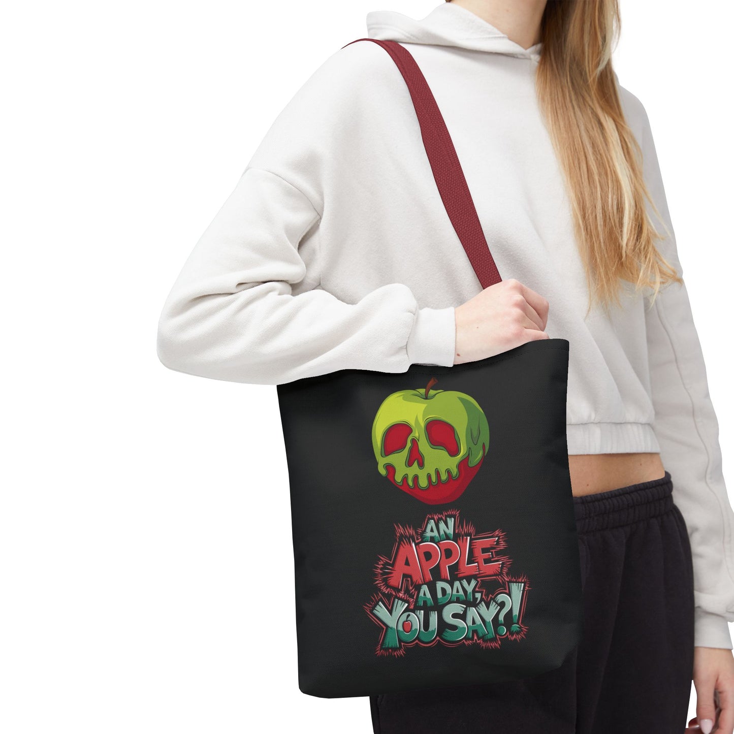 Spooky Halloween Tote Bag – Poison Apple Design – Funny Gothic Tote – Trick or Treat Bag – Creepy Apple Pun Gift – Black Tote Bag