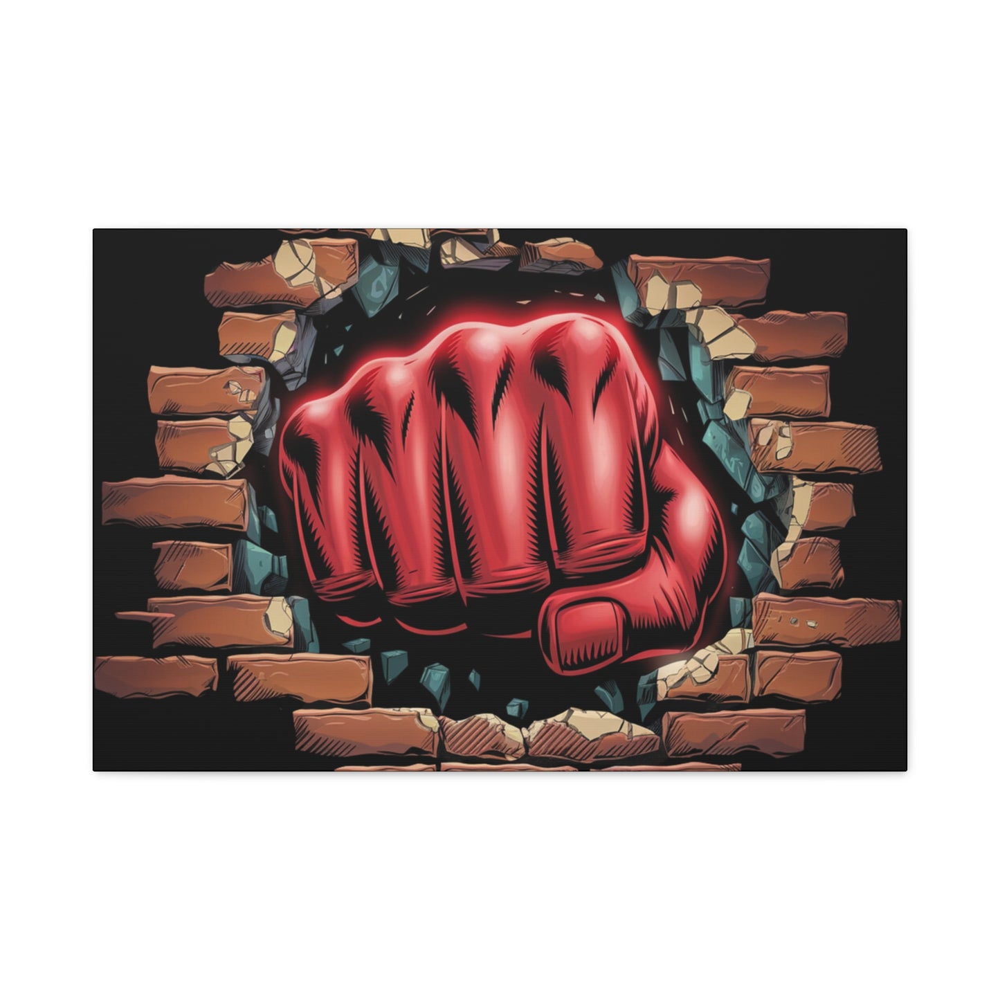 Canvas Wall Art - Red Fist Smashing Through Wall