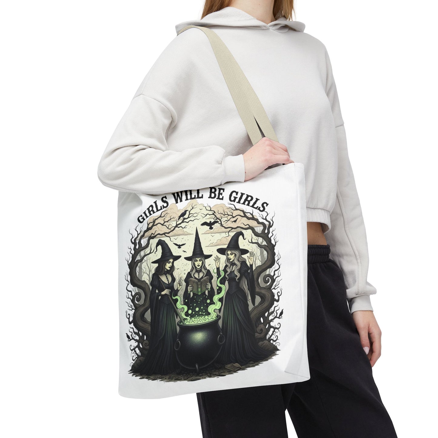 Girls Will Be Girls Halloween Tote Bag, Witchy Aesthetic Bag, Gothic Witches Cauldron Art, Spooky Gift, Reusable Eco Tote For Halloween Lovers