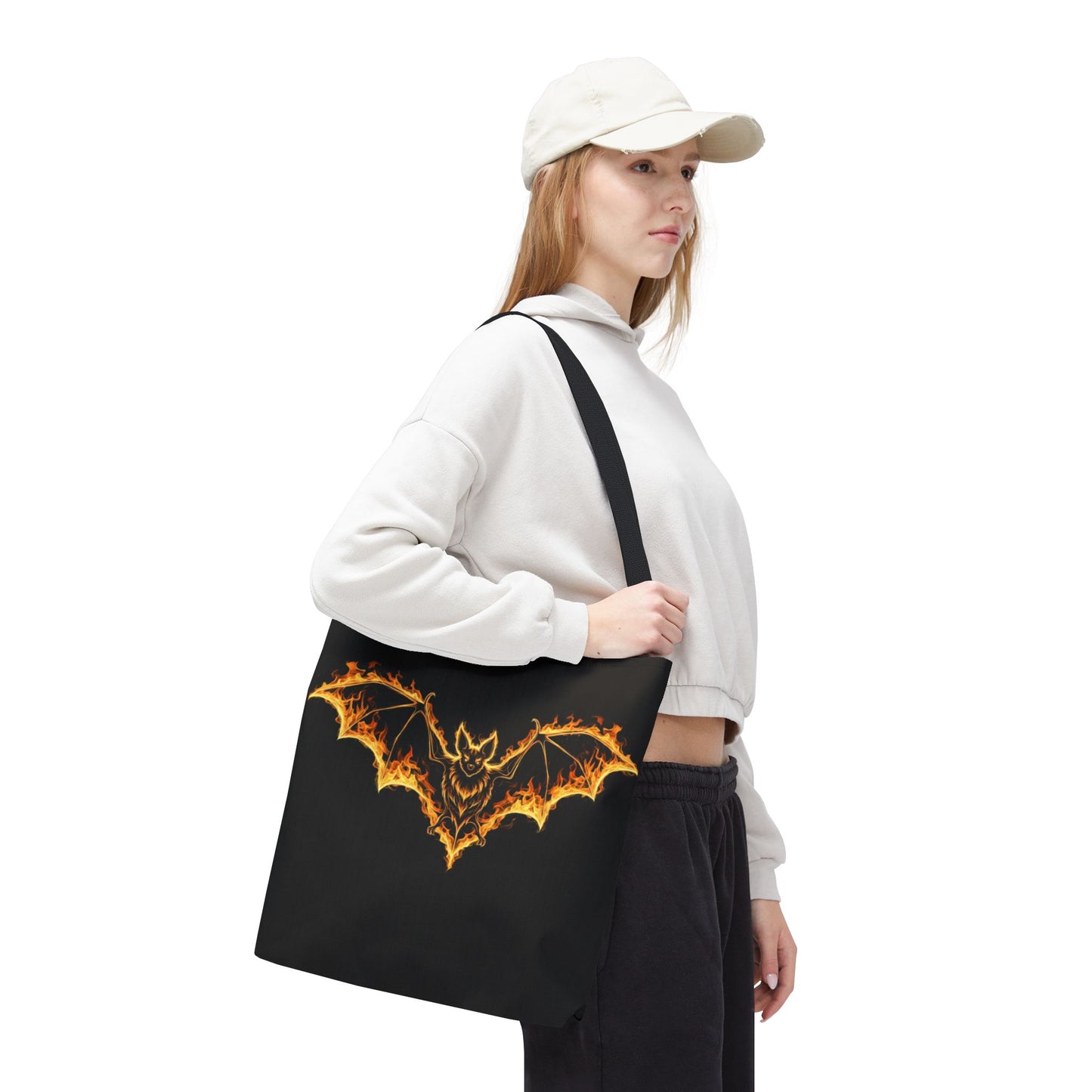 Flaming Bat Tote Bag, Gothic Halloween Canvas Tote, Fiery Wing Bat Design Tote, Spooky Season Accessory, Gothic Gift Tote