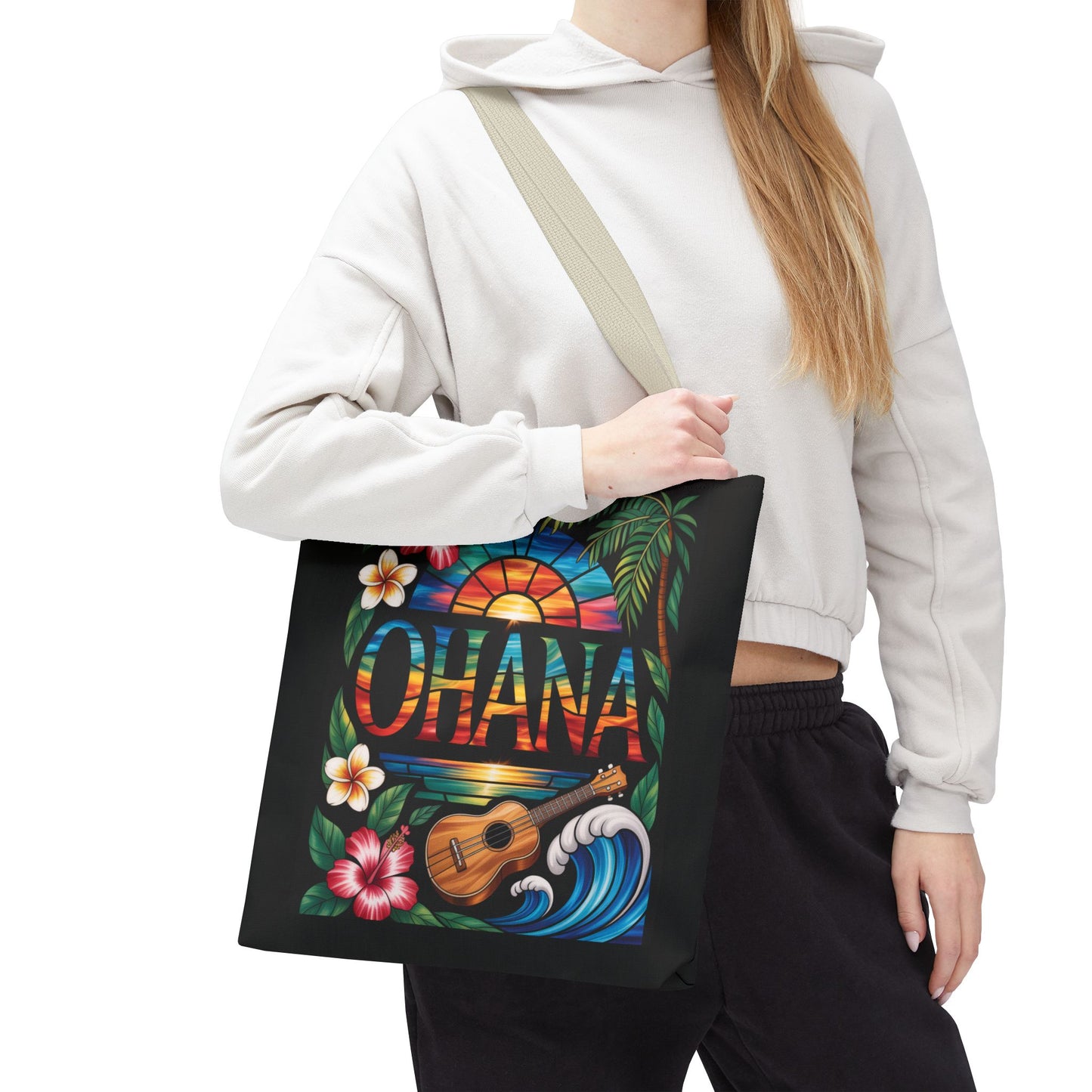 Ohana Tote Bag – Hawaiian Tropical Beach Bag with Ukulele, Sunset & Hibiscus Flowers, Island Gift for Women, Aloha Family Vibes
