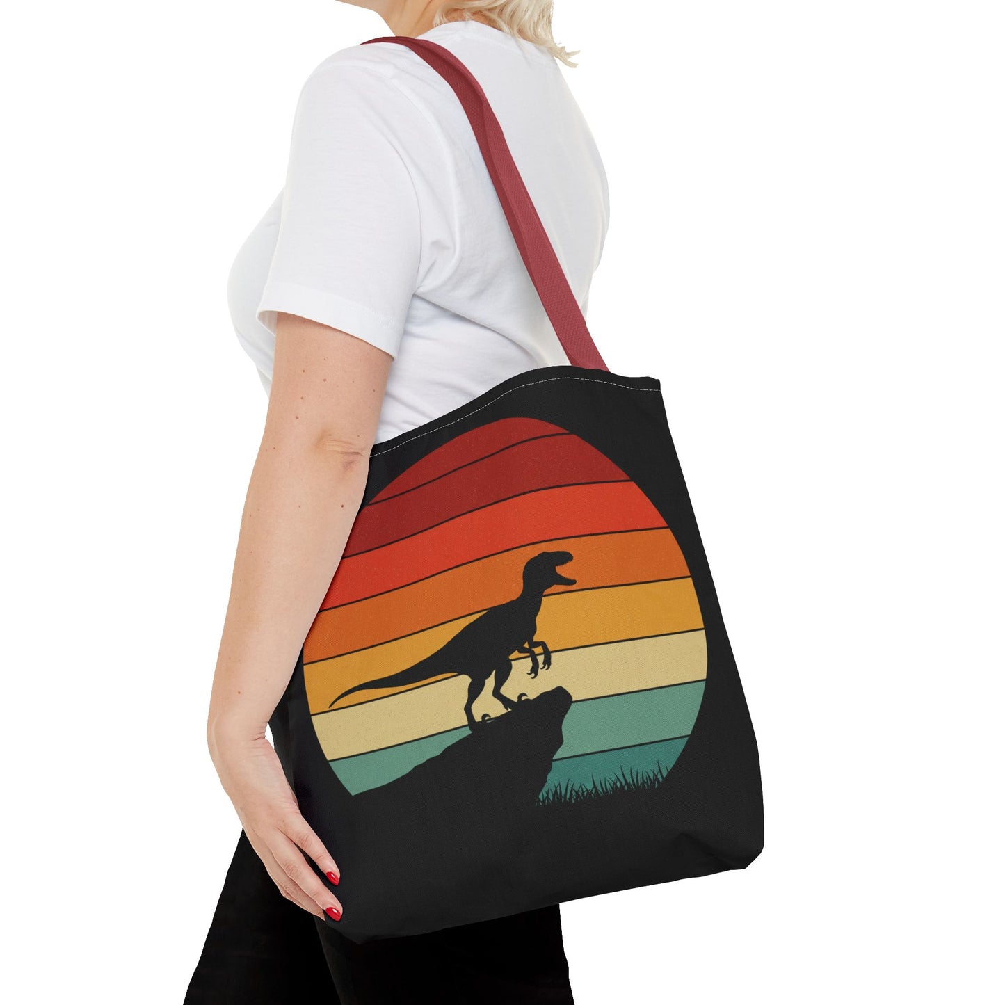 Retro Dino Sunset Tote Bag - Eco Canvas Dinosaur Beach Bag | Sustainable and Stylish Camping, Dino Lover Gift, Reusable Market Tote