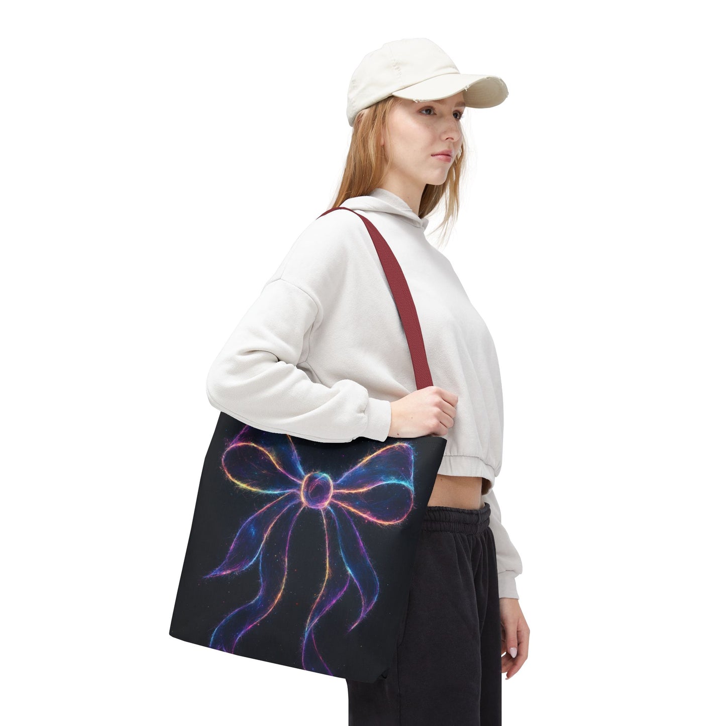 Galaxy Glow Bow Tote Bag, Cosmic Neon Ribbon Design, Black Space Art Bag, Celestial Gift For Her, Stylish Reusable Everyday Tote