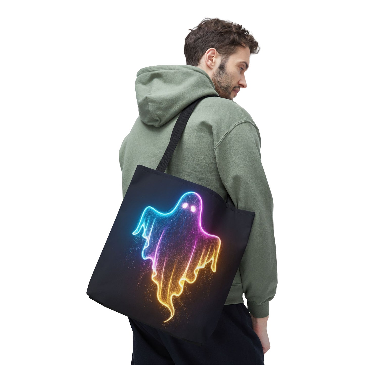 Neon Ghost Tote Bag - Bright Colorful Ghost Print Shoulder Tote, Spooky Cute Reusable Canvas Bag, Halloween Aesthetic Everyday Carry