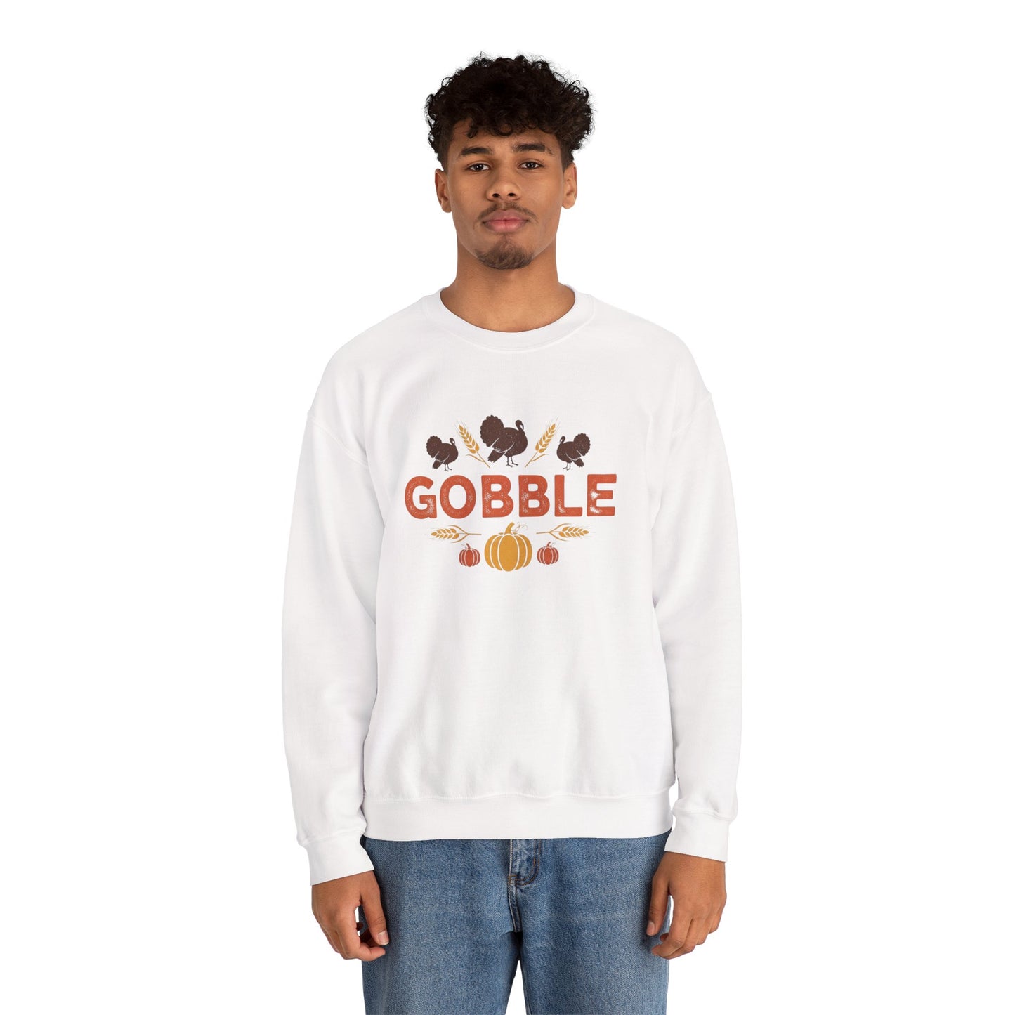 Gobble Turkey Sweatshirt, Thanksgiving Pumpkin Crewneck, Autumn Wheat & Turkey Graphic Pullover, Cozy Fall Family Turkey Day Shirt