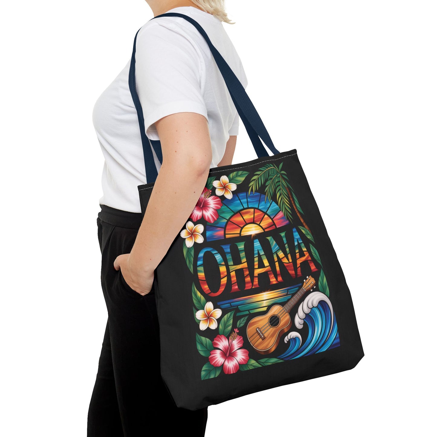 Ohana Tote Bag – Hawaiian Tropical Beach Bag with Ukulele, Sunset & Hibiscus Flowers, Island Gift for Women, Aloha Family Vibes