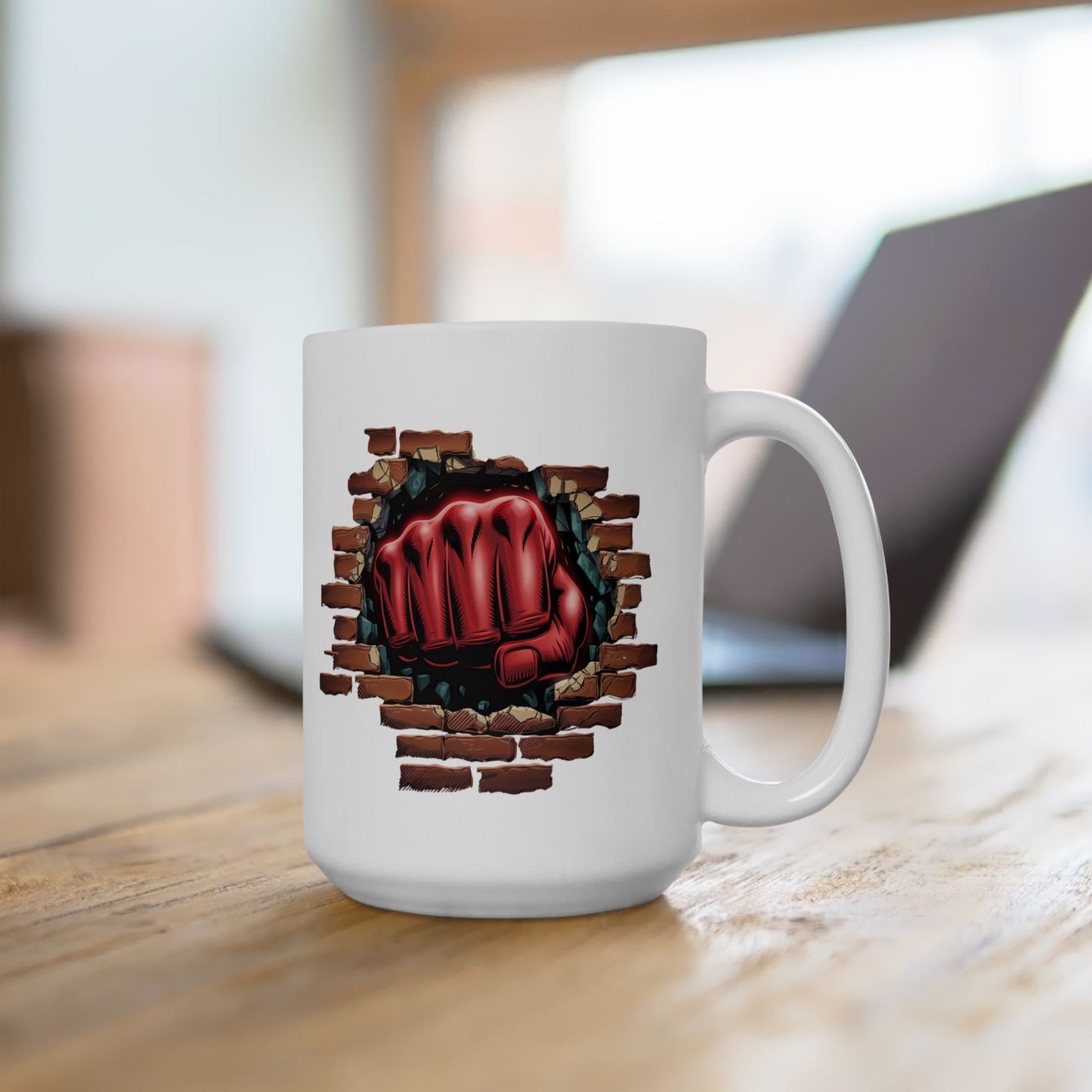 Red Fist Breaking Through Brick Mug – Bold Graphic 11oz or 15oz Ceramic Coffee Cup – Edgy Statement Gift for Him or Her, Cottagecore & Galaxy Aesthetic