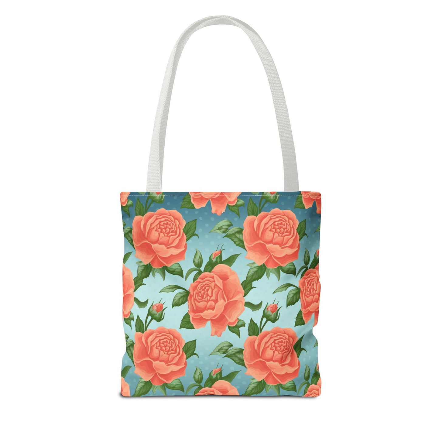 Vintage Floral Tote Bag – Coral Rose Pattern on Blue Background – Aesthetic Everyday Carry Bag – Reusable Fabric Market Tote Gift