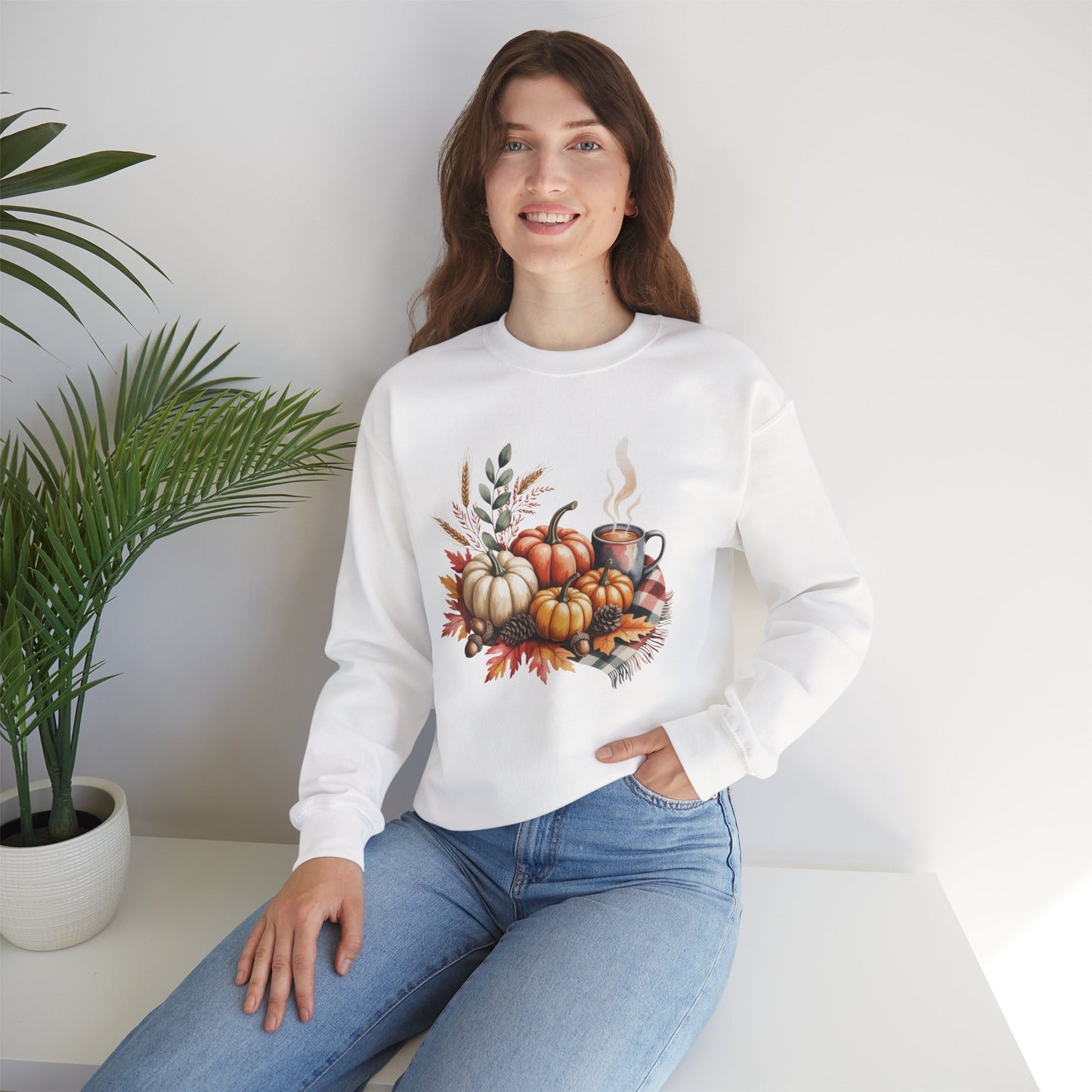 Fall Pumpkin Sweatshirt, Cozy Autumn Crewneck, Thanksgiving Sweater With Pumpkins And Coffee, Fall Leaves Pullover, Seasonal Gift