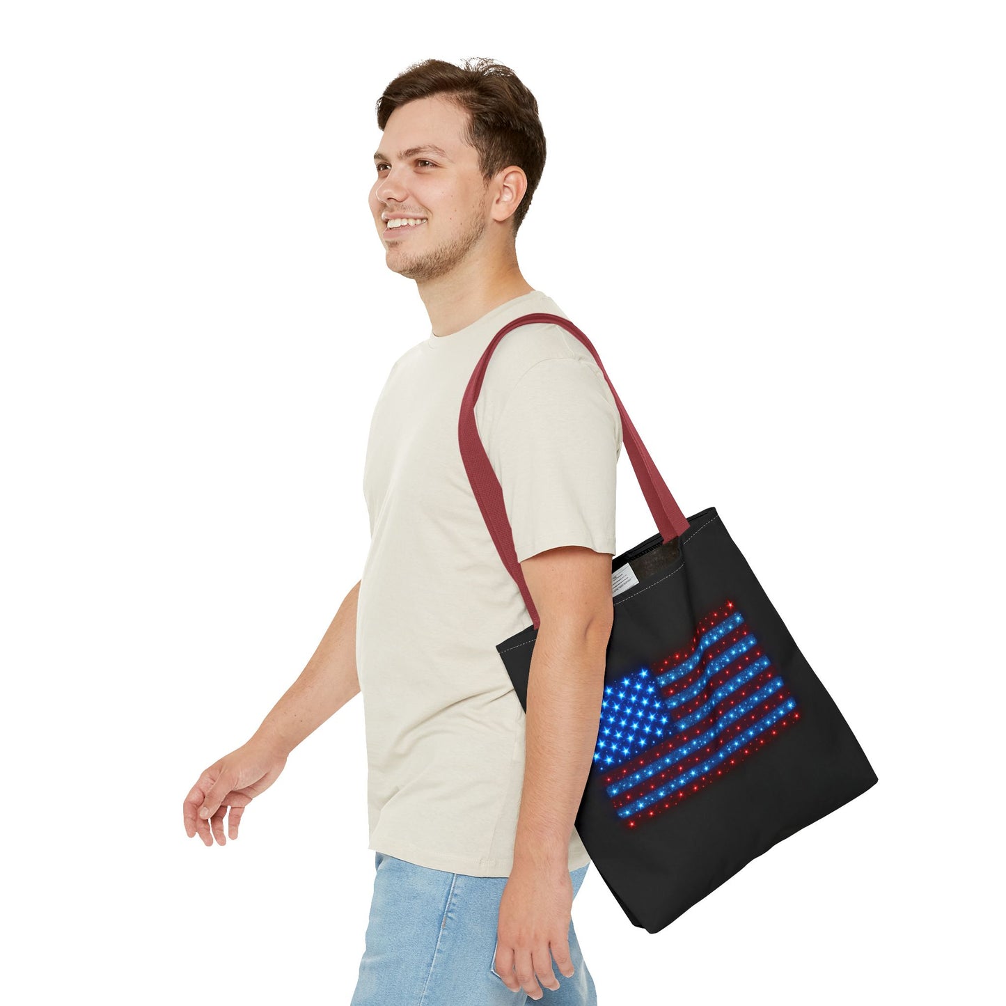 Galaxy Bioluminescent USA Flag Tote Bag - Patriotic Cosmic Canvas Shopper - Starry Red White Blue Tote Non-Glow - 4th July Gift
