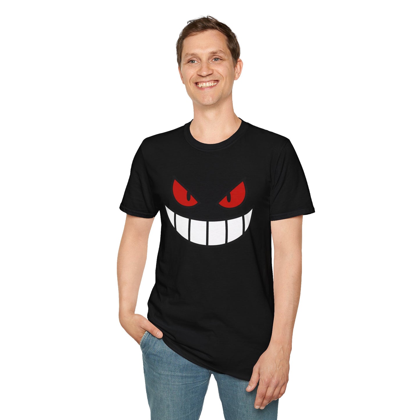 Spooky Grin Face T-Shirt - Creepy Ghost Smile Graphic Tee - Dark Humor Unisex Shirt - Anime Monster Style Funny Top