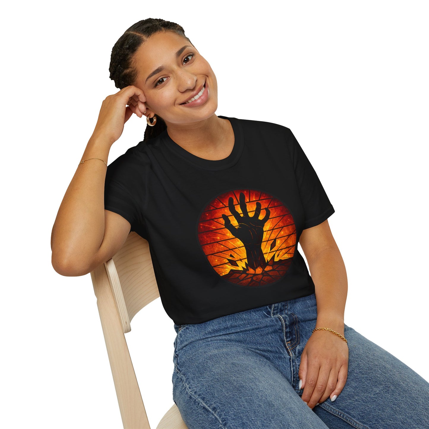 Zombie Hand Sunset T-Shirt – Stained Glass Horror Shirt, Halloween Gothic Tee, Undead Rising Art Tee, Creepy Spooky Shirt for Fall