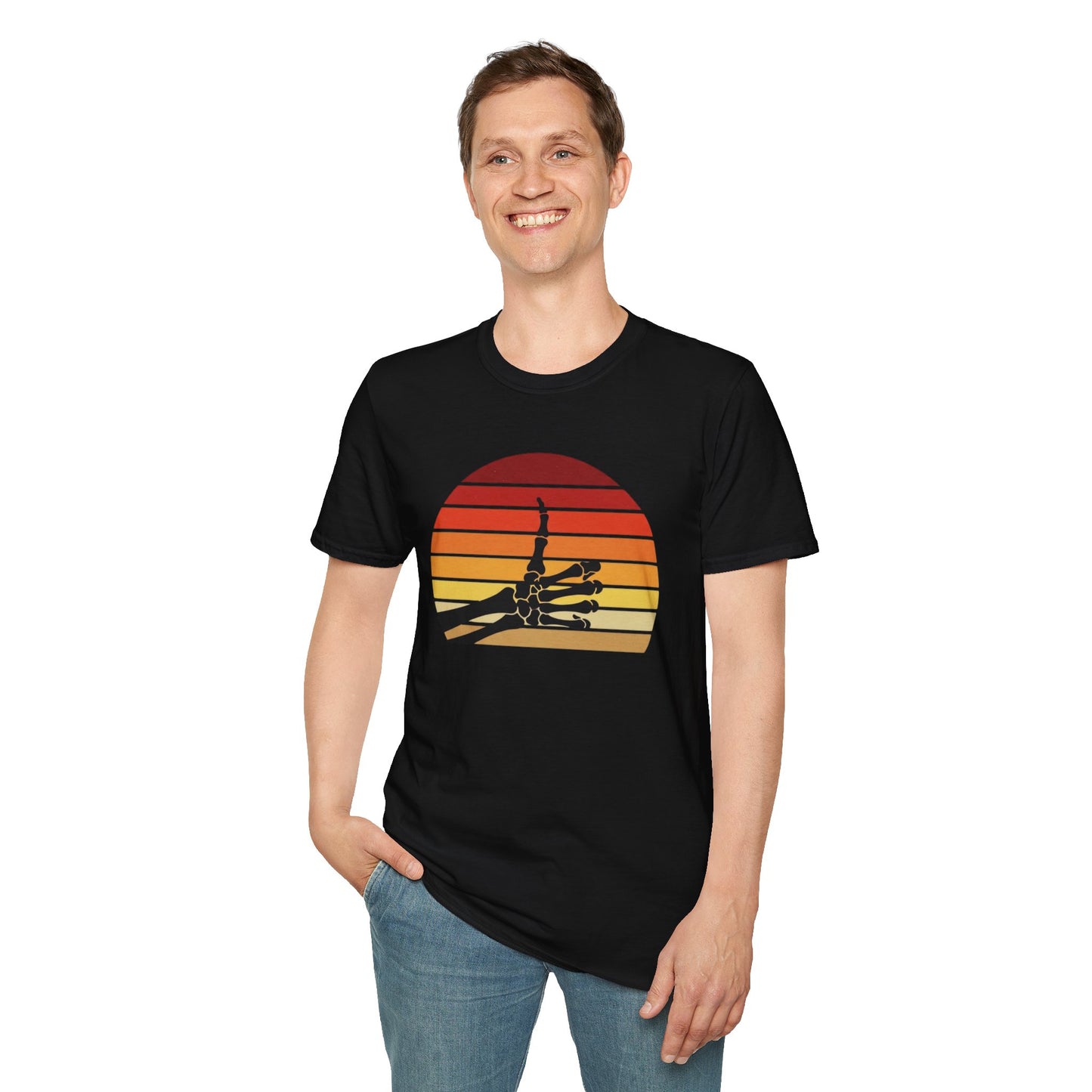 Skeleton Hand Rock On Shirt - Retro Sunset Halloween T-Shirt, Spooky Skeleton Finger Tee, Vintage 70s Style Goth Shirt, Unisex Sizes