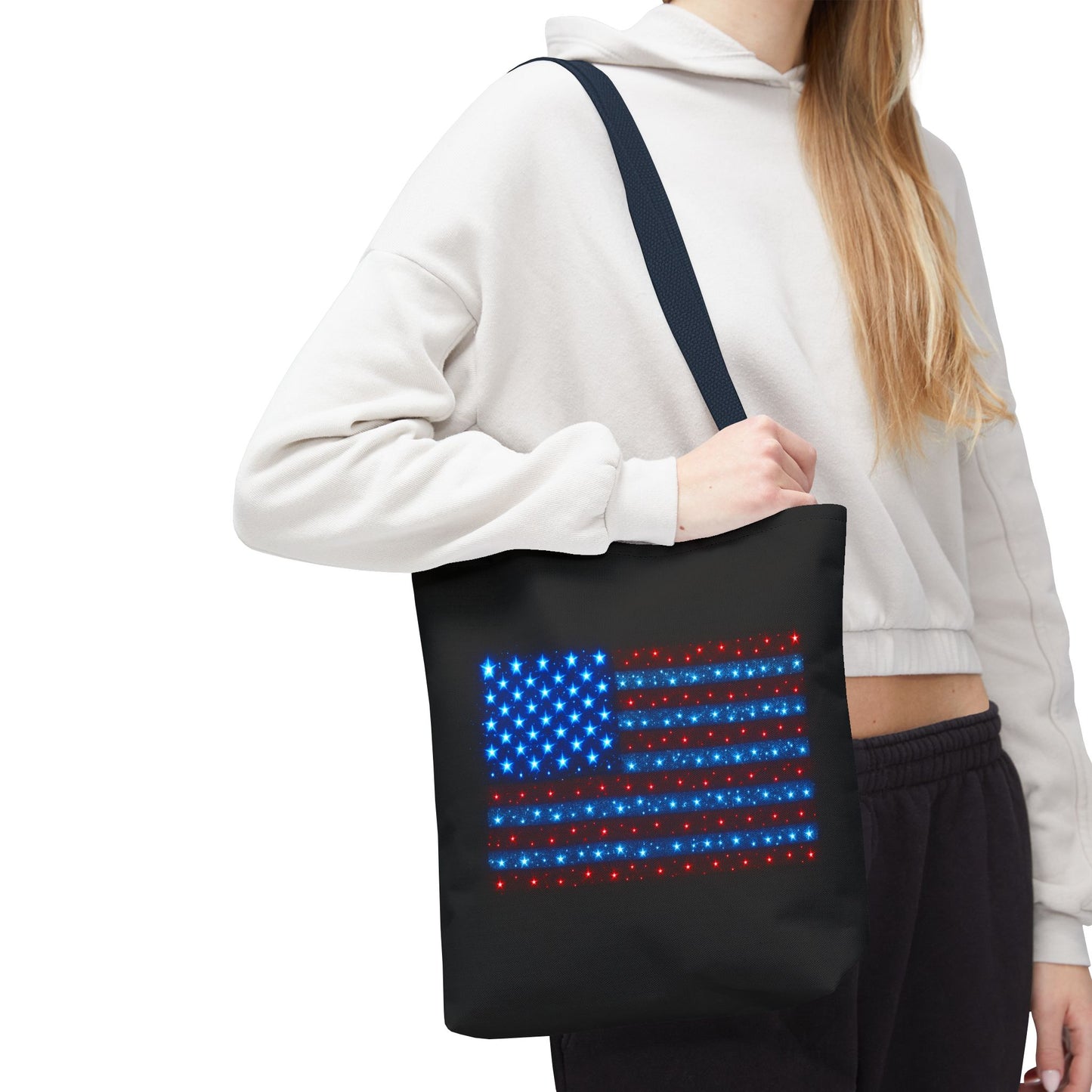 Galaxy Bioluminescent USA Flag Tote Bag - Patriotic Cosmic Canvas Shopper - Starry Red White Blue Tote Non-Glow - 4th July Gift