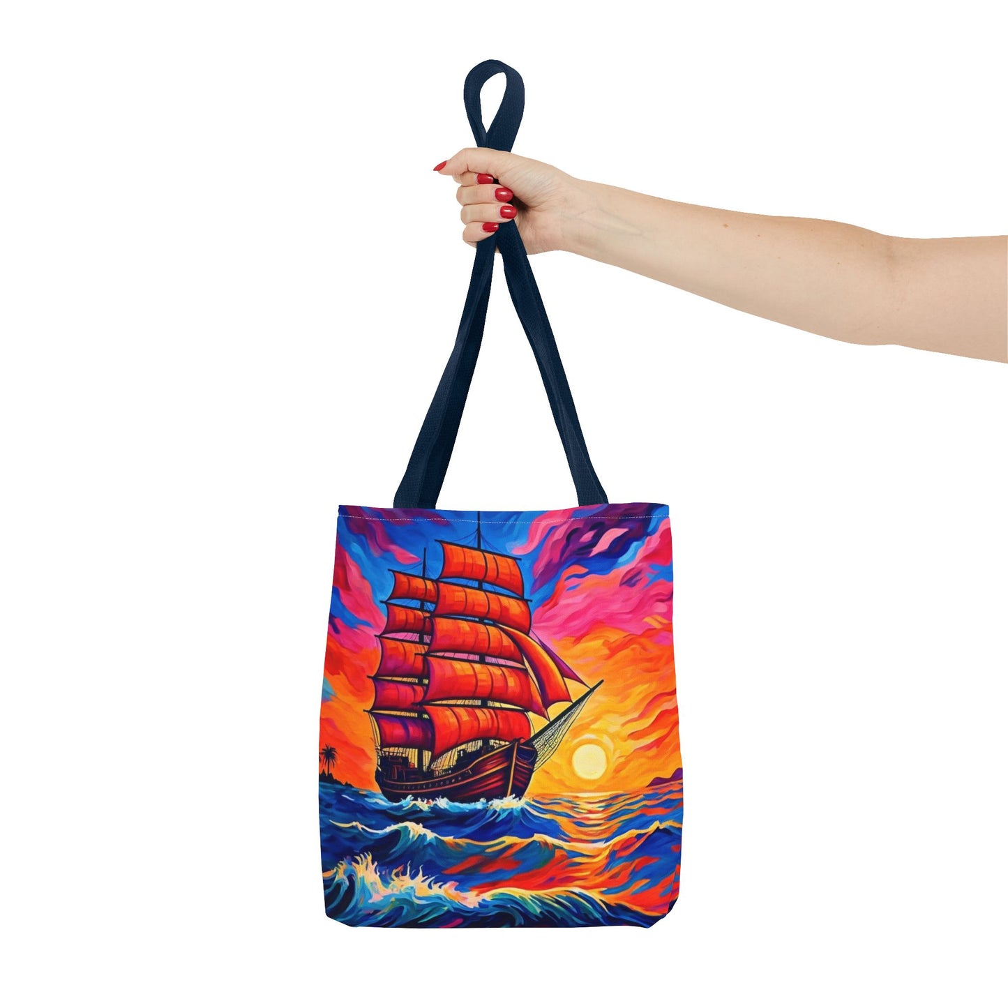 Crimson Voyage Tote Bag, Red Sailboat At Sunset Artistic Ocean Design, Nautical Reusable Tote For Beach, Travel, And Everyday Use