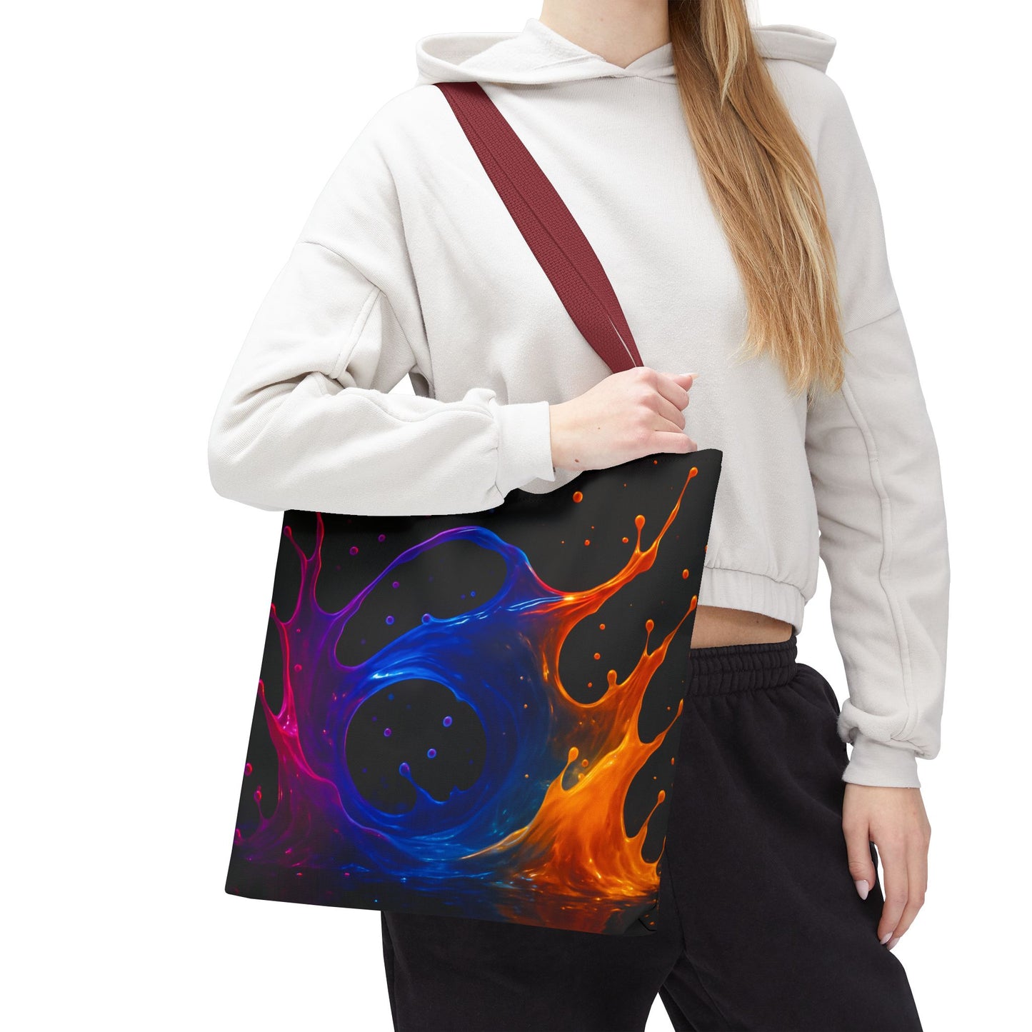 Elemental Fusion Tote Bag, Fire And Water Abstract Art Design, Vibrant Blue And Orange Splash Reusable Tote For Artists, Travel, And Everyday Use