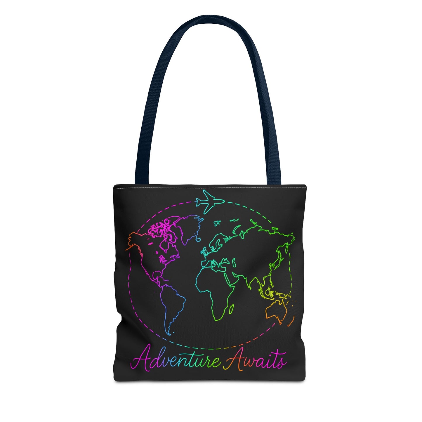 Adventure Awaits Neon Tote Bag - Y2K Rainbow World Map and Plane Travel Tote, Reusable Canvas Tote for Airport, Beach, Market + Gift