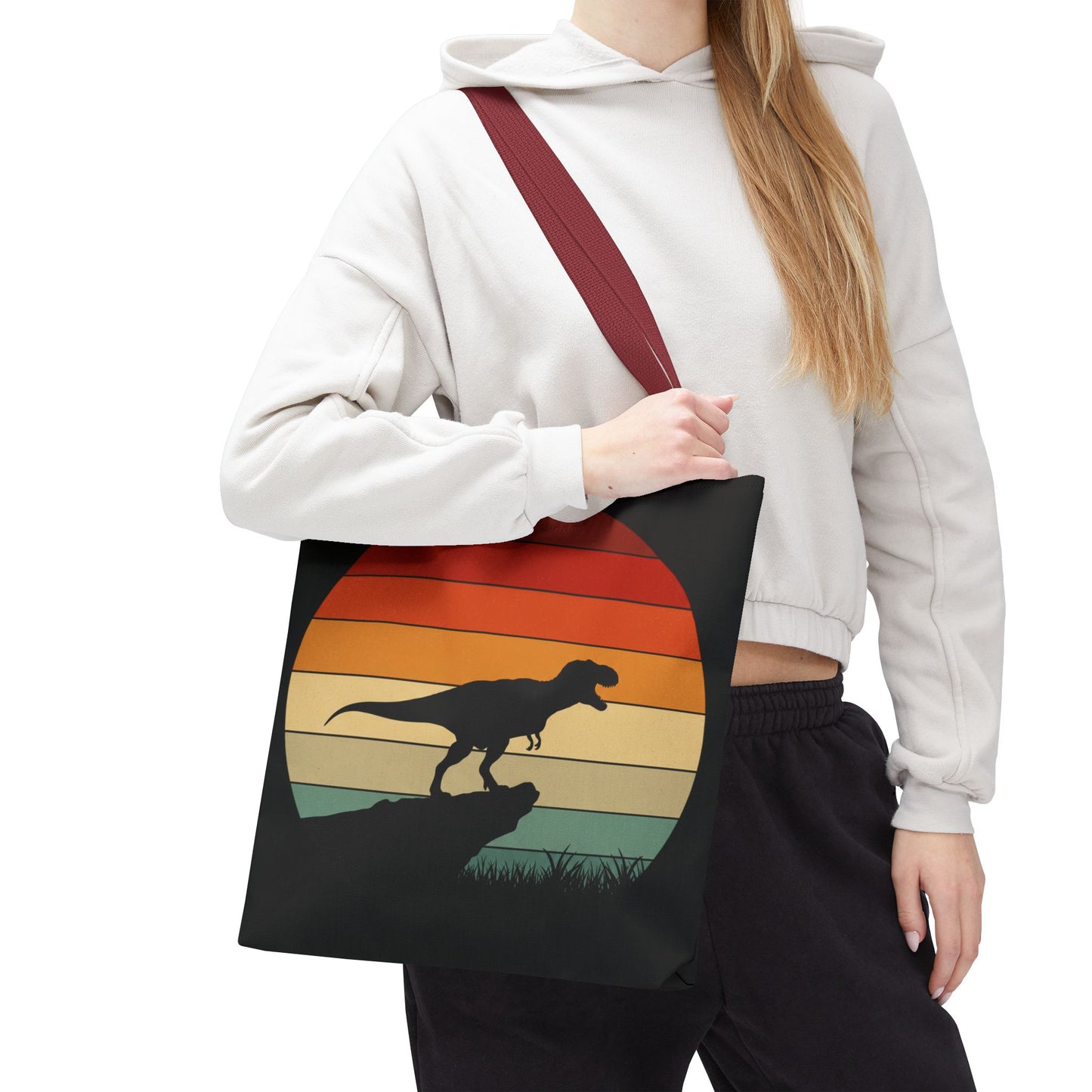 Retro Dinosaur Sunset Tote Bag | AOP Canvas Shopper - Eco Beach Bag for Dino Lovers and Kids, All-Over Print Summer Travel Gift