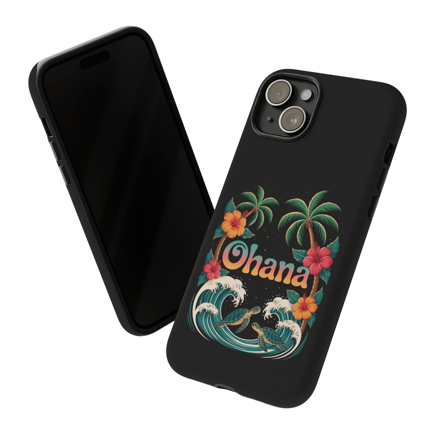 Tropical Ohana iPhone Case - Beach Vibes Cover with Palms, Hibiscus and Turtles - Rugged and Glossy Summer Phone Protector